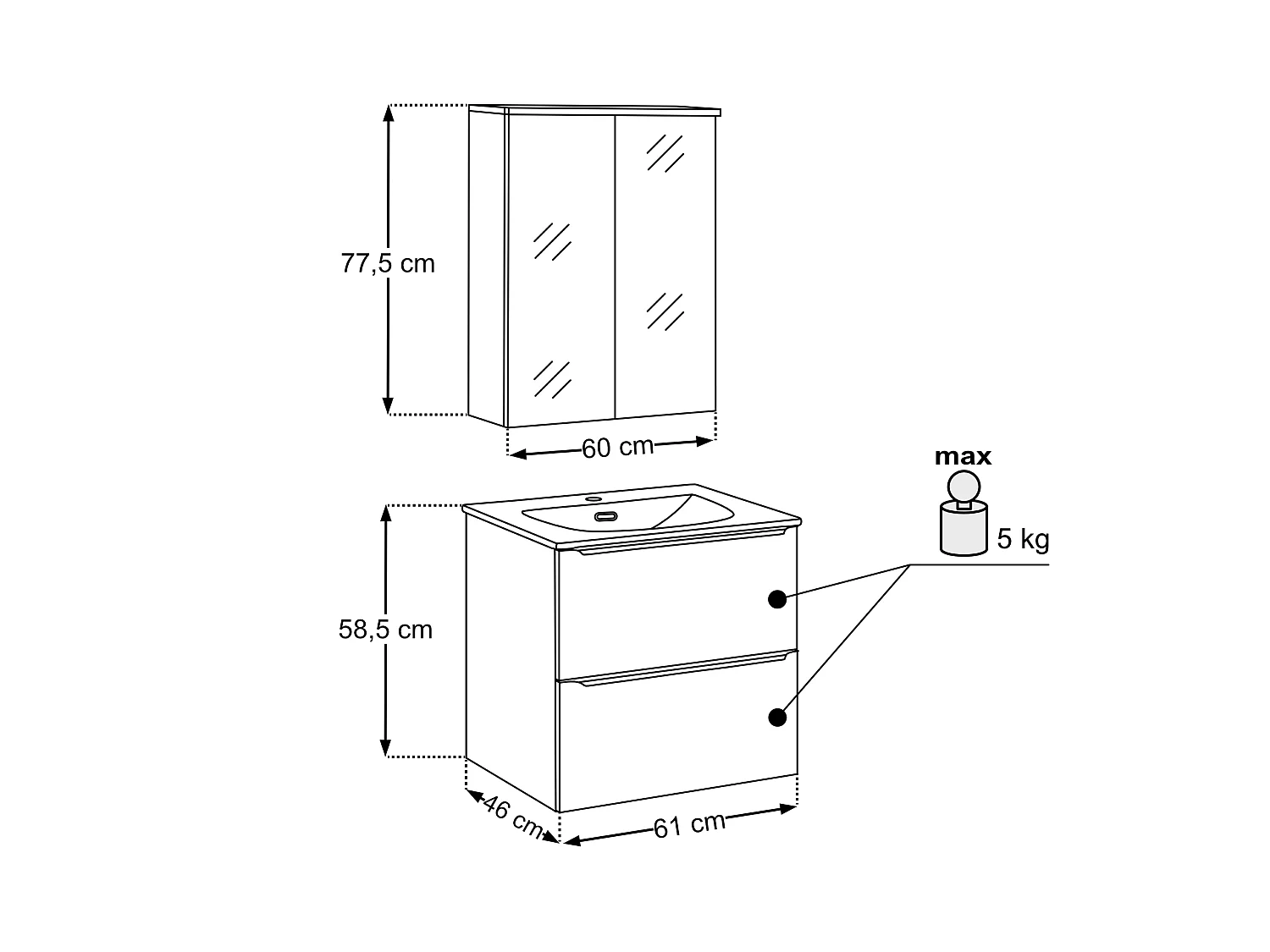 Badmöbel-Set 60 cm mit Waschbecken, Spiegel und 2 Schubladen, Salbeigrün