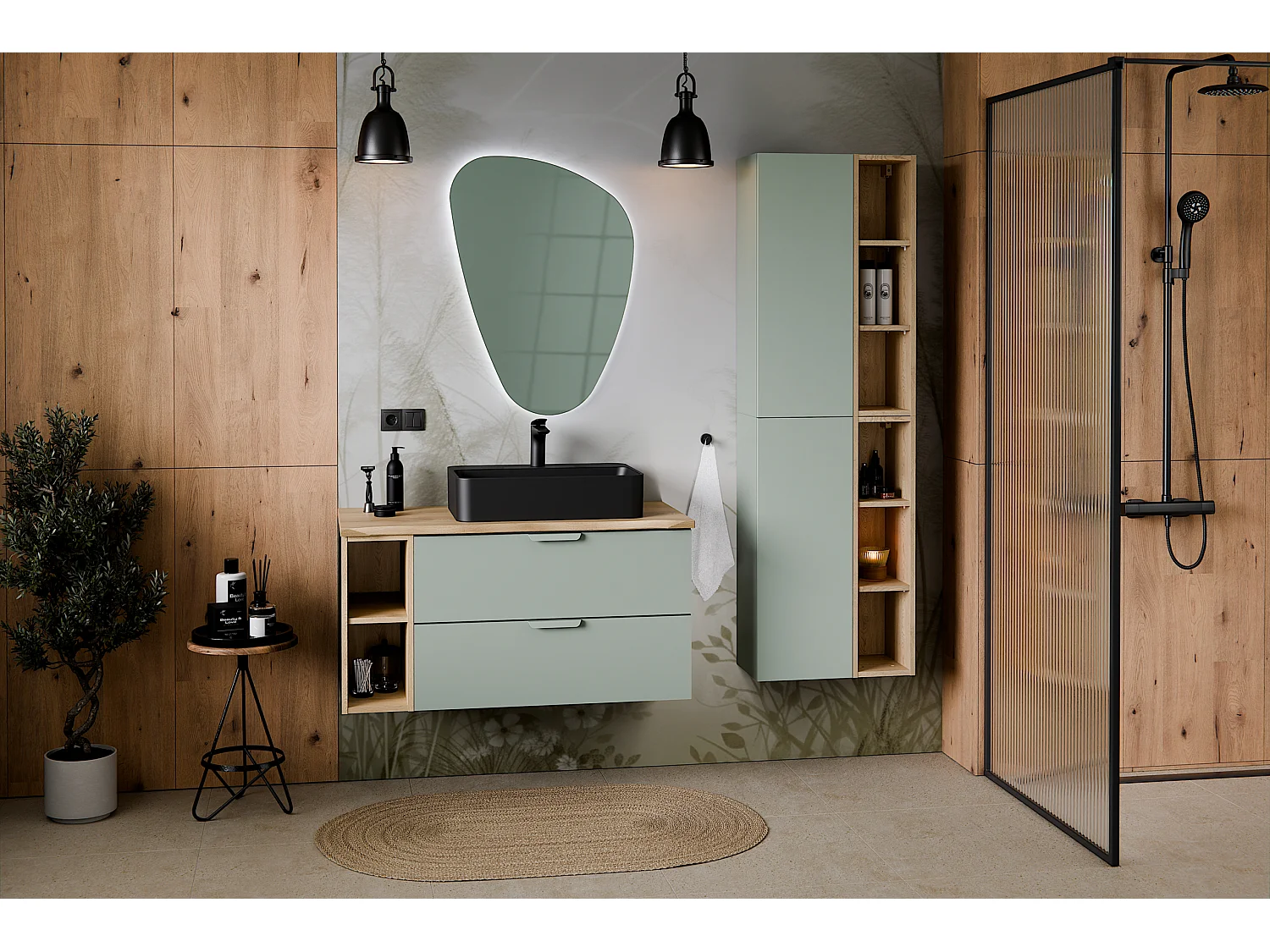 Ensemble salle de bain 80 cm Aster Green avec vasque à poser Lava blanche
