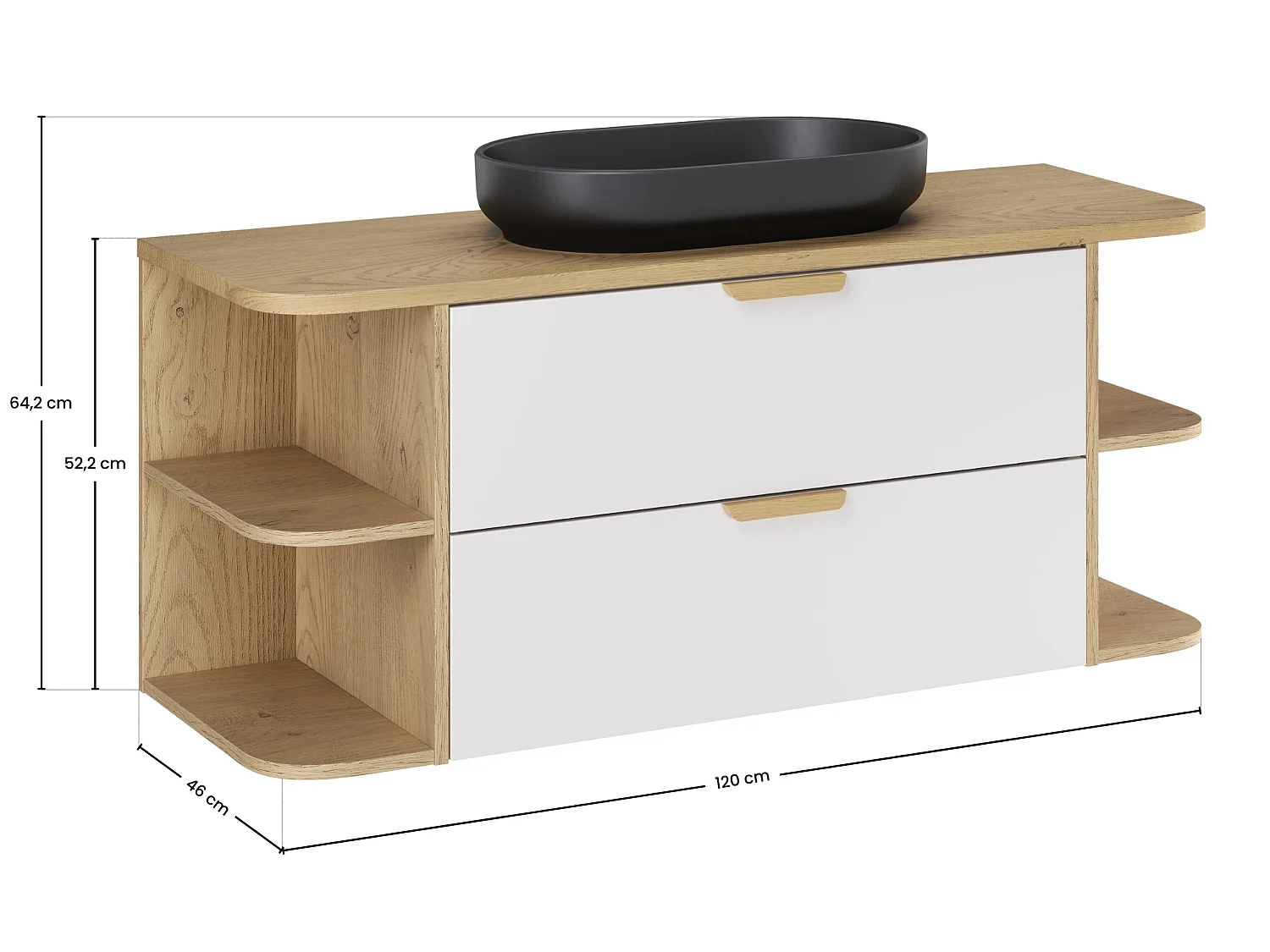 Ensemble salle de bain Aster White 120 cm avec plan de toilette Ovalia Cremona et vasque à poser River 55 cm noir mat
