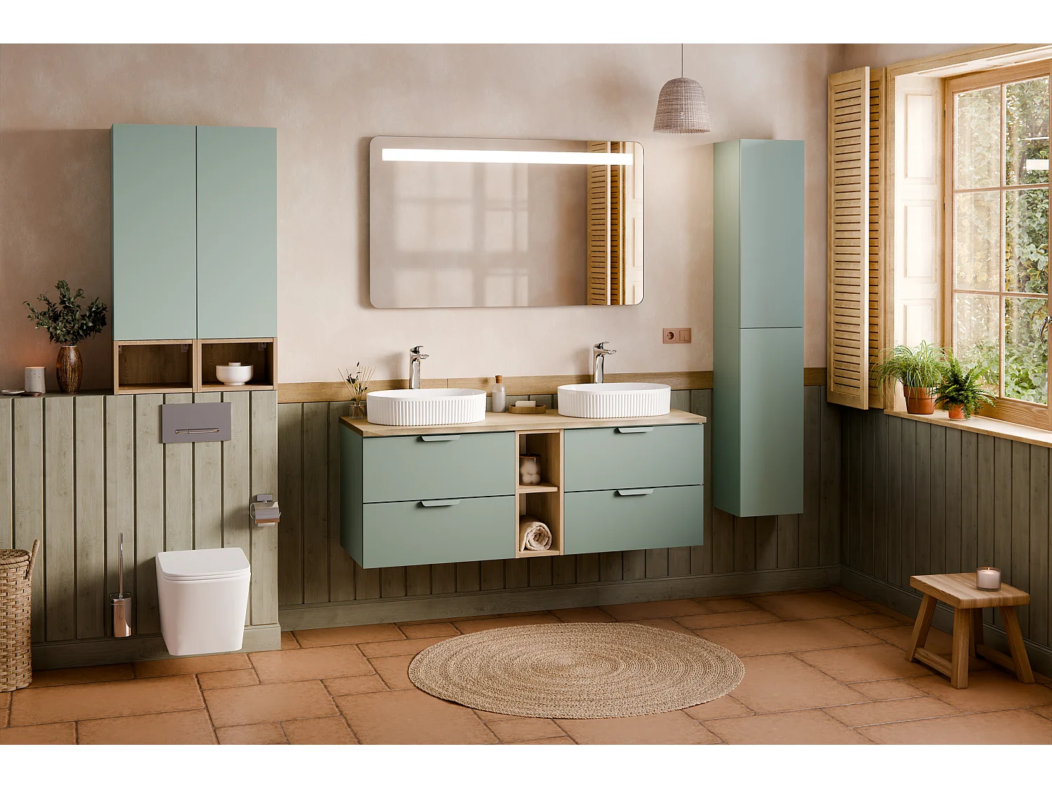 ES conjunto de muebles Aster Green 60 cm con mueble bajo lavabo, encimera Cremona y lavabo sobre encimera Smile