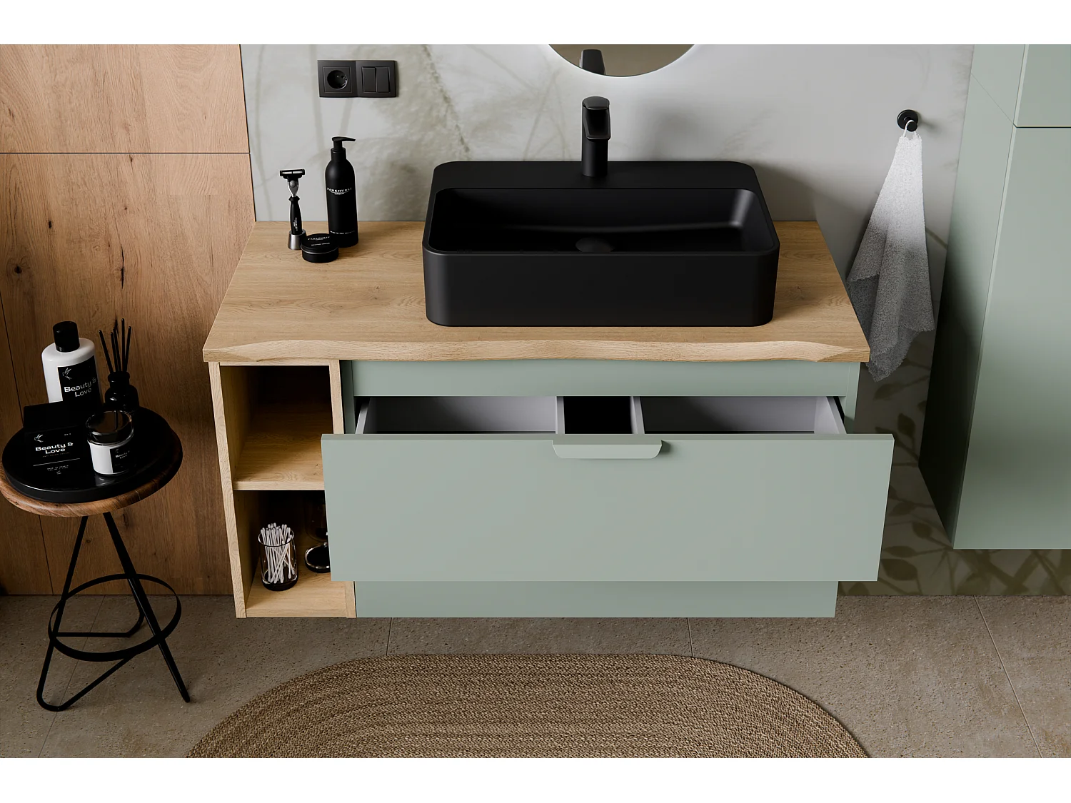 ES conjunto de muebles Aster Green 60 cm con mueble bajo lavabo, encimera Cremona y lavabo sobre encimera Smile
