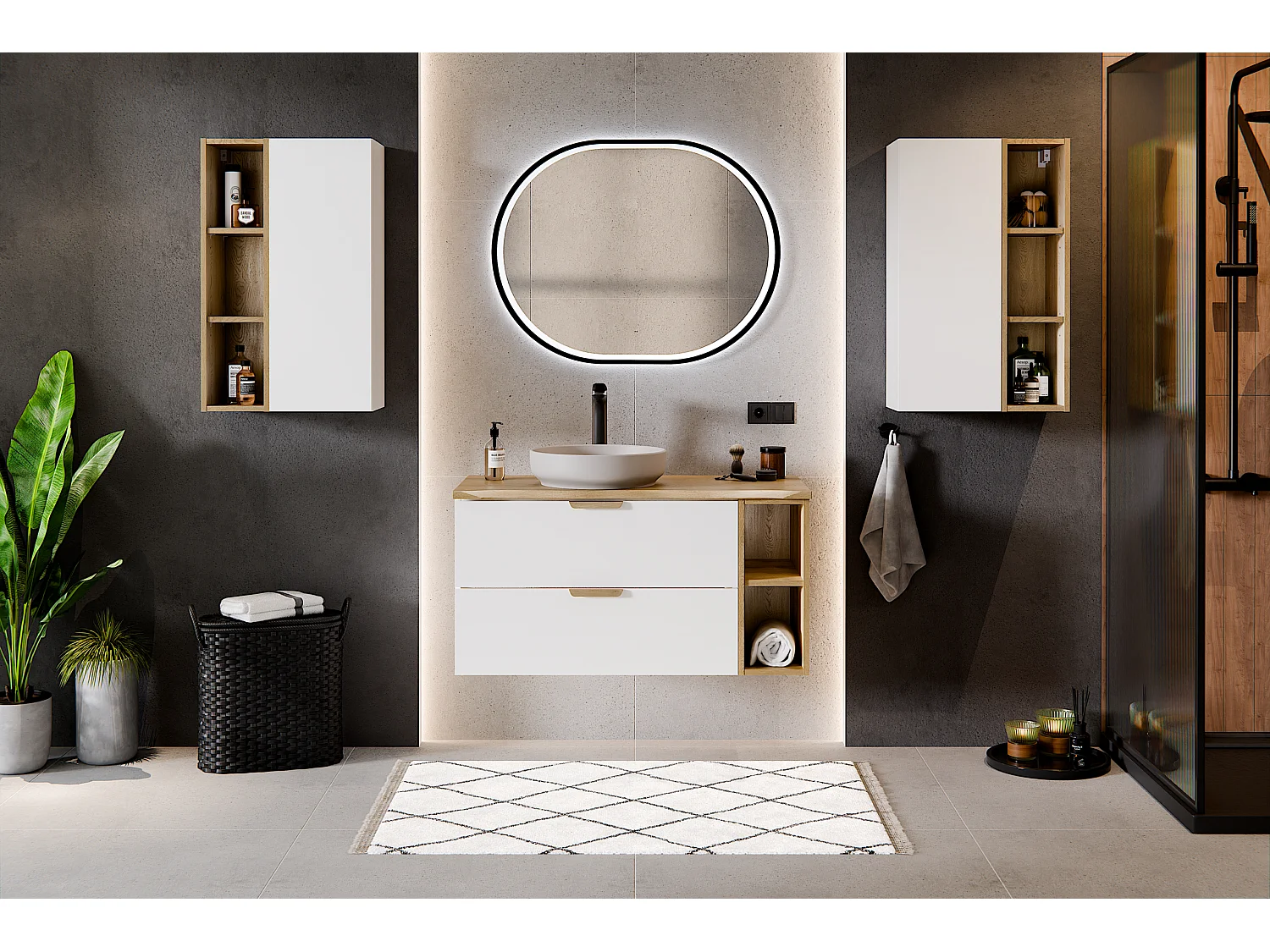 FR ensemble salle de bain Aster White 80 cm avec meuble sous vasque, plan de toilette et vasque à poser Anna