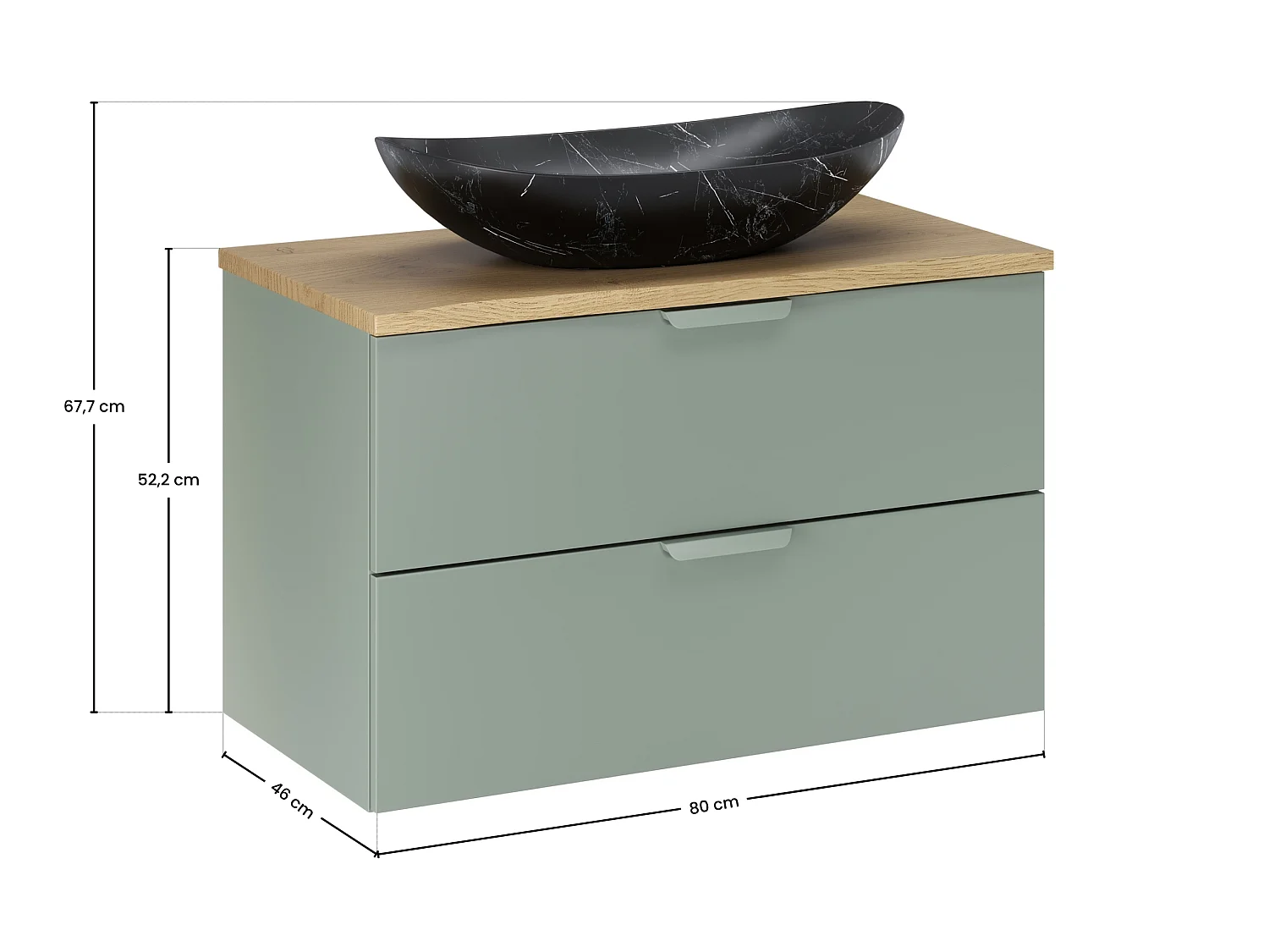 FR ensemble salle de bain Lena Aster Green 80 cm avec meuble sous vasque, plan de toilette chêne Cremona et vasque à poser noire mate
