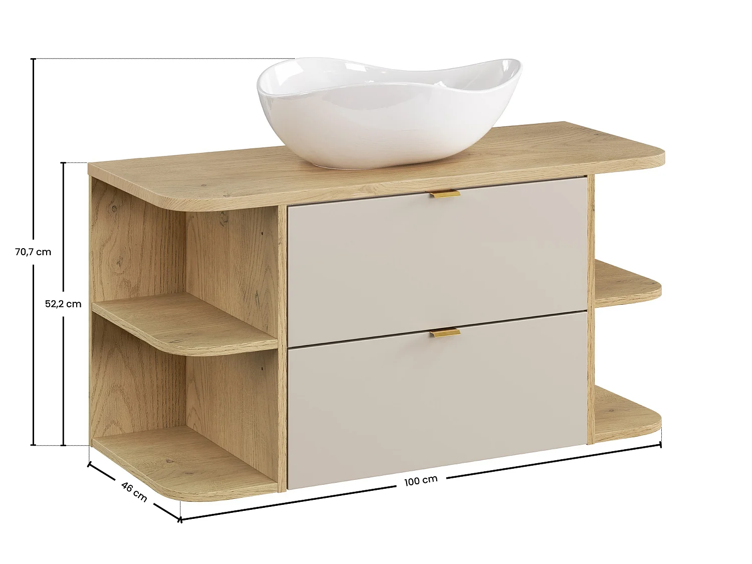 ES conjunto de muebles Dalia Cashmere 100 cm con encimera Roble Cremona y lavabo sobre encimera Cloud