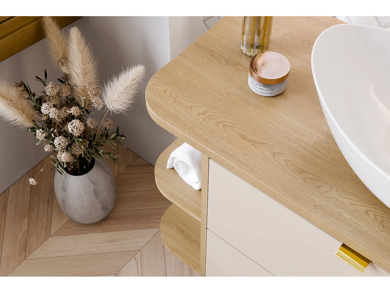 ES conjunto de muebles Dalia Cashmere 100 cm con encimera Roble Cremona y lavabo sobre encimera Cloud
