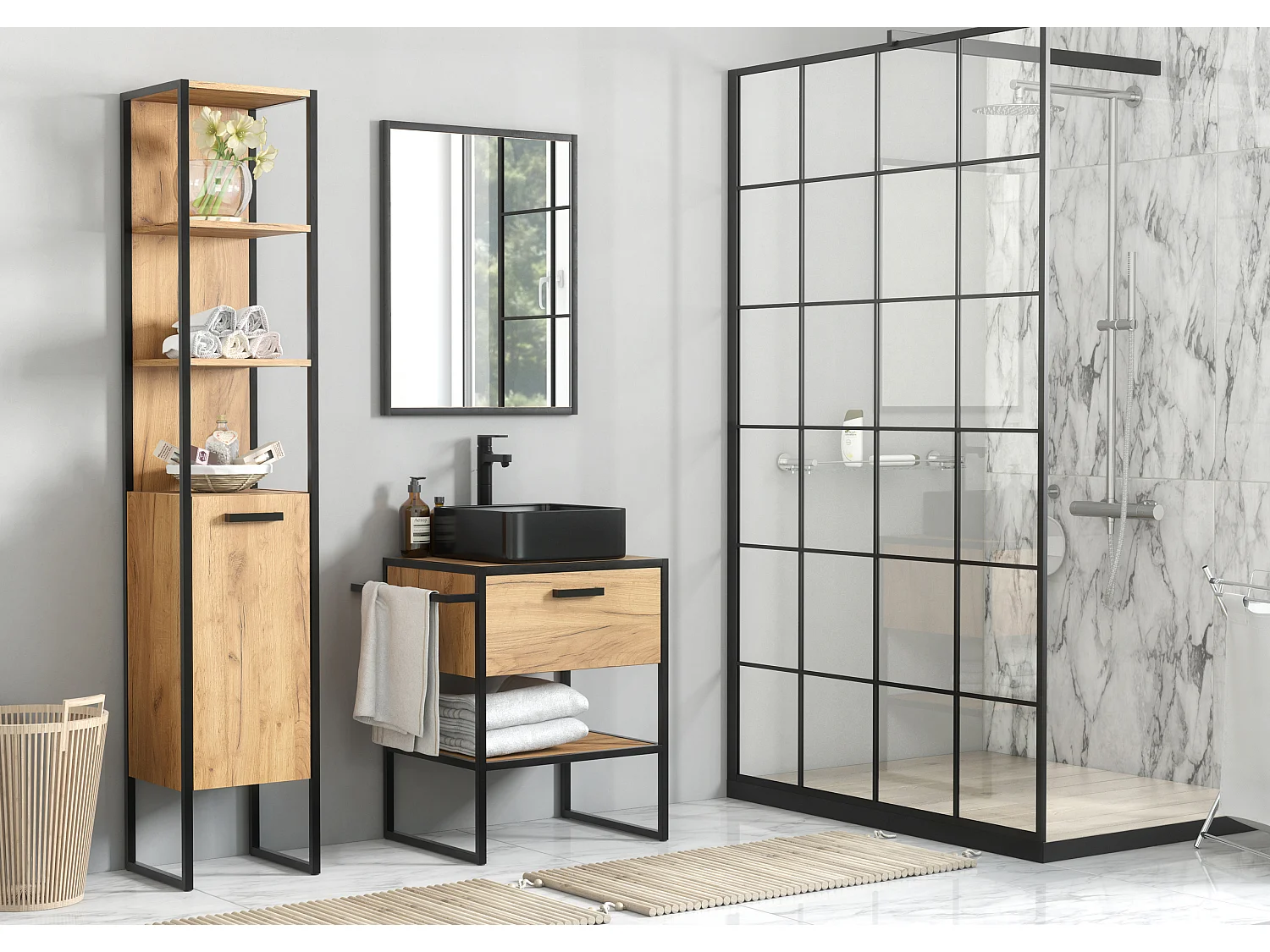 Meuble sous vasque Brooklin 70 cm 1 Tiroir Chêne Craft Doré