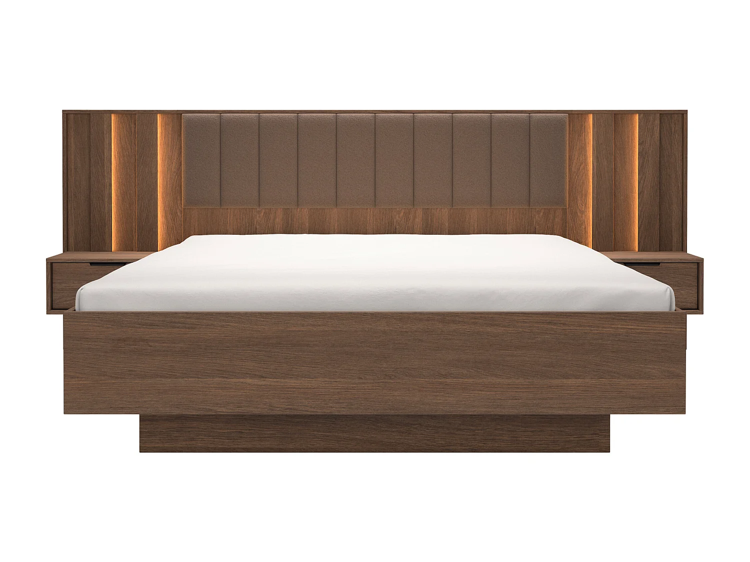 Lit avec chevets 160 x 200 cm et tête de lit en tissu - Coloris : Naturel foncé et marron - KALSIYA