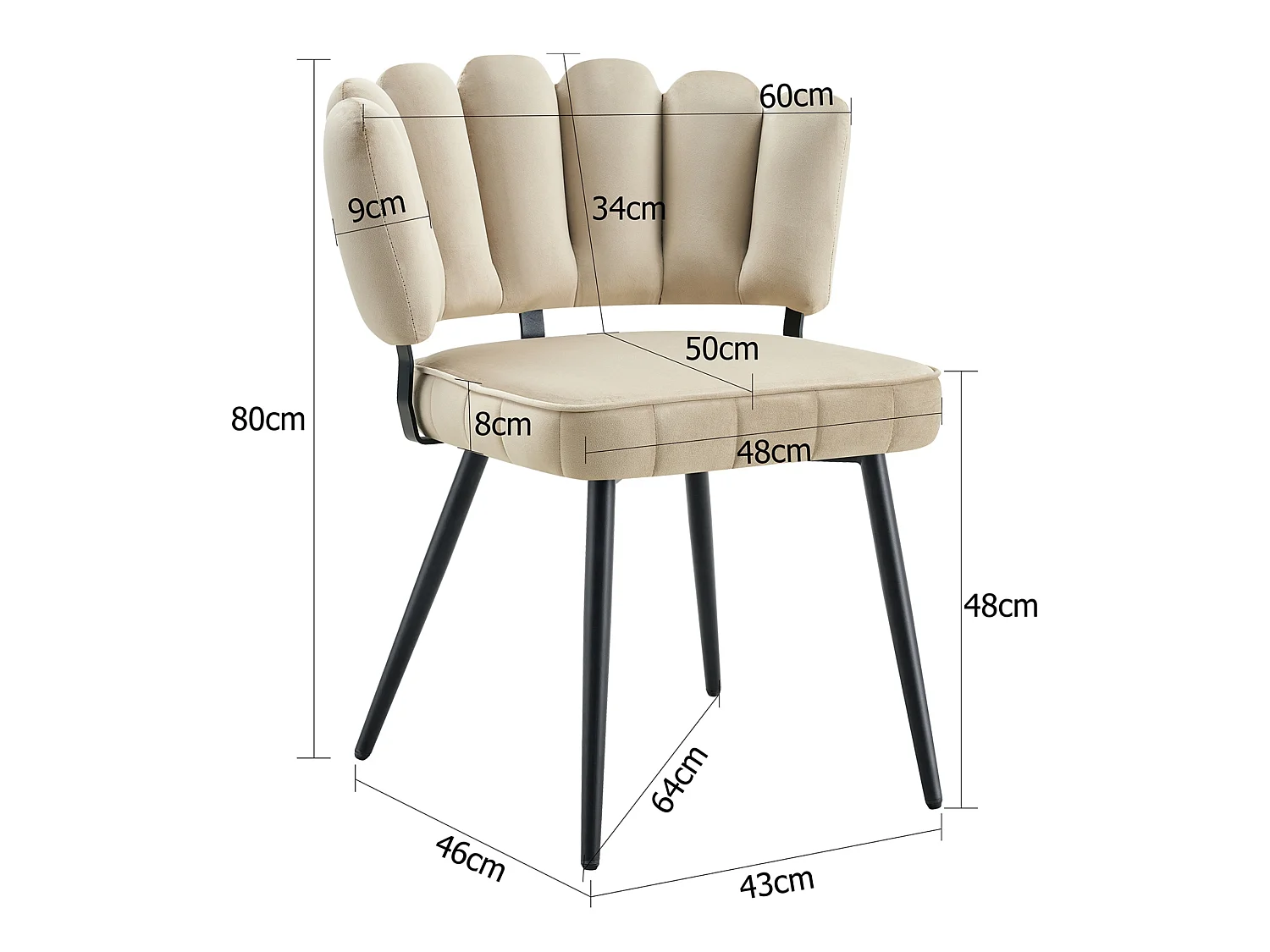 Set van 2 gestoffeerde eetkamerstoelen met bloemblad rugleuning en metalen poten