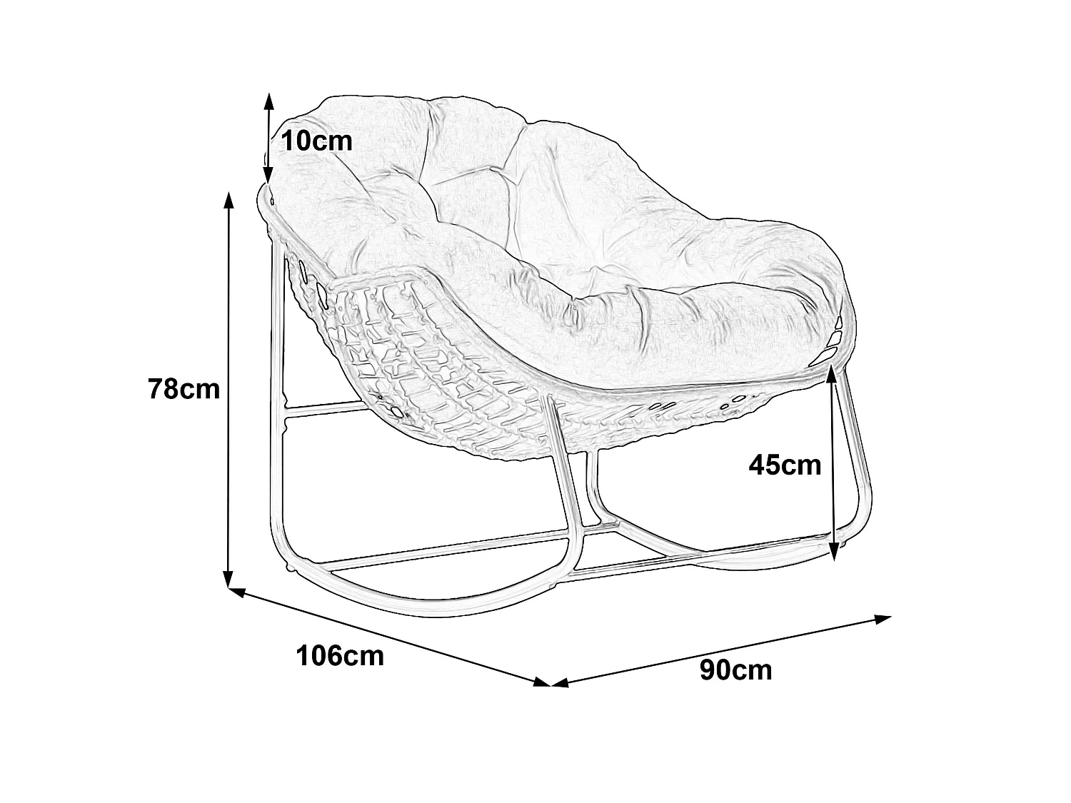 Silla mecedora huevo grande exterior salón ratán con cojín grueso y estructura de acero
