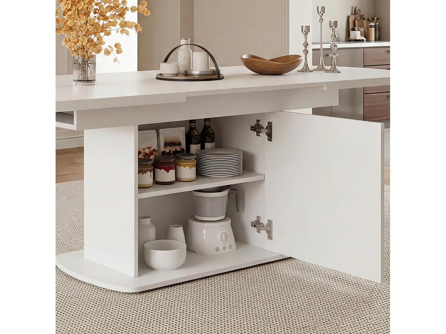 Table a manger ovale extensible 140 a 200 cm avec meuble de rangement pour 6 a 8 personnes