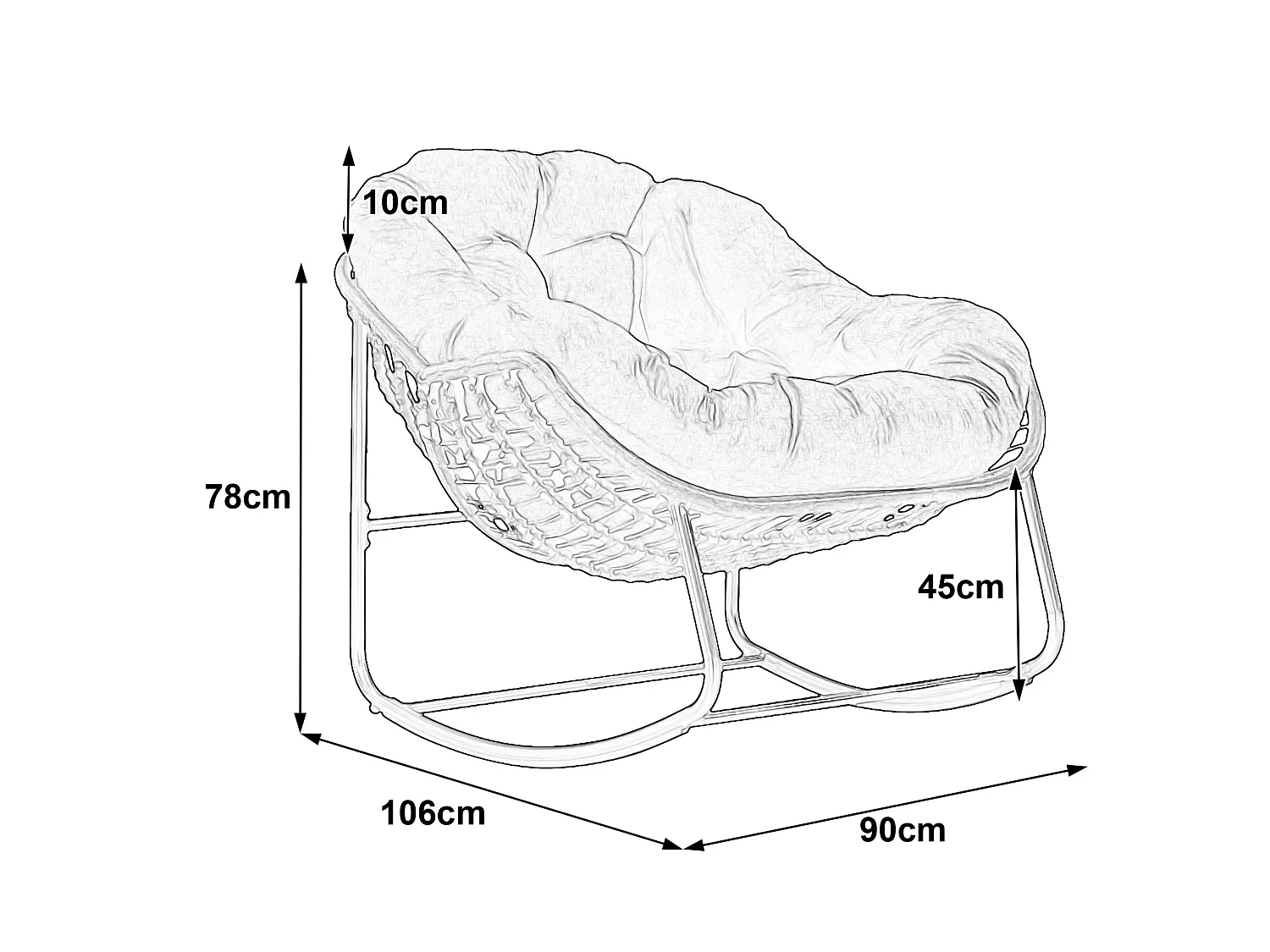 Silla mecedora huevo grande exterior salón ratán con cojín grueso y estructura de acero