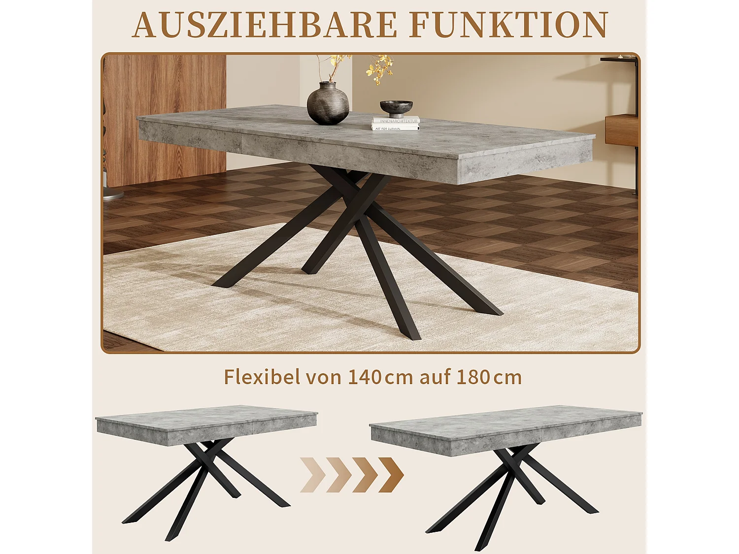 Table a manger extensible 140 a 180 cm avec rangement et pieds metal pour 6 a 8 personnes