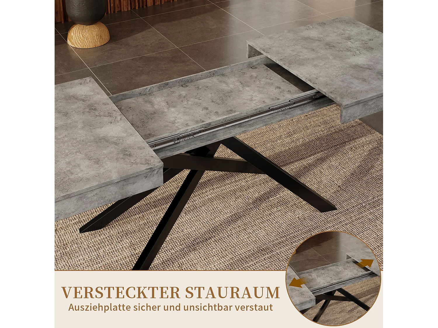 Table a manger extensible 140 a 180 cm avec rangement et pieds metal pour 6 a 8 personnes