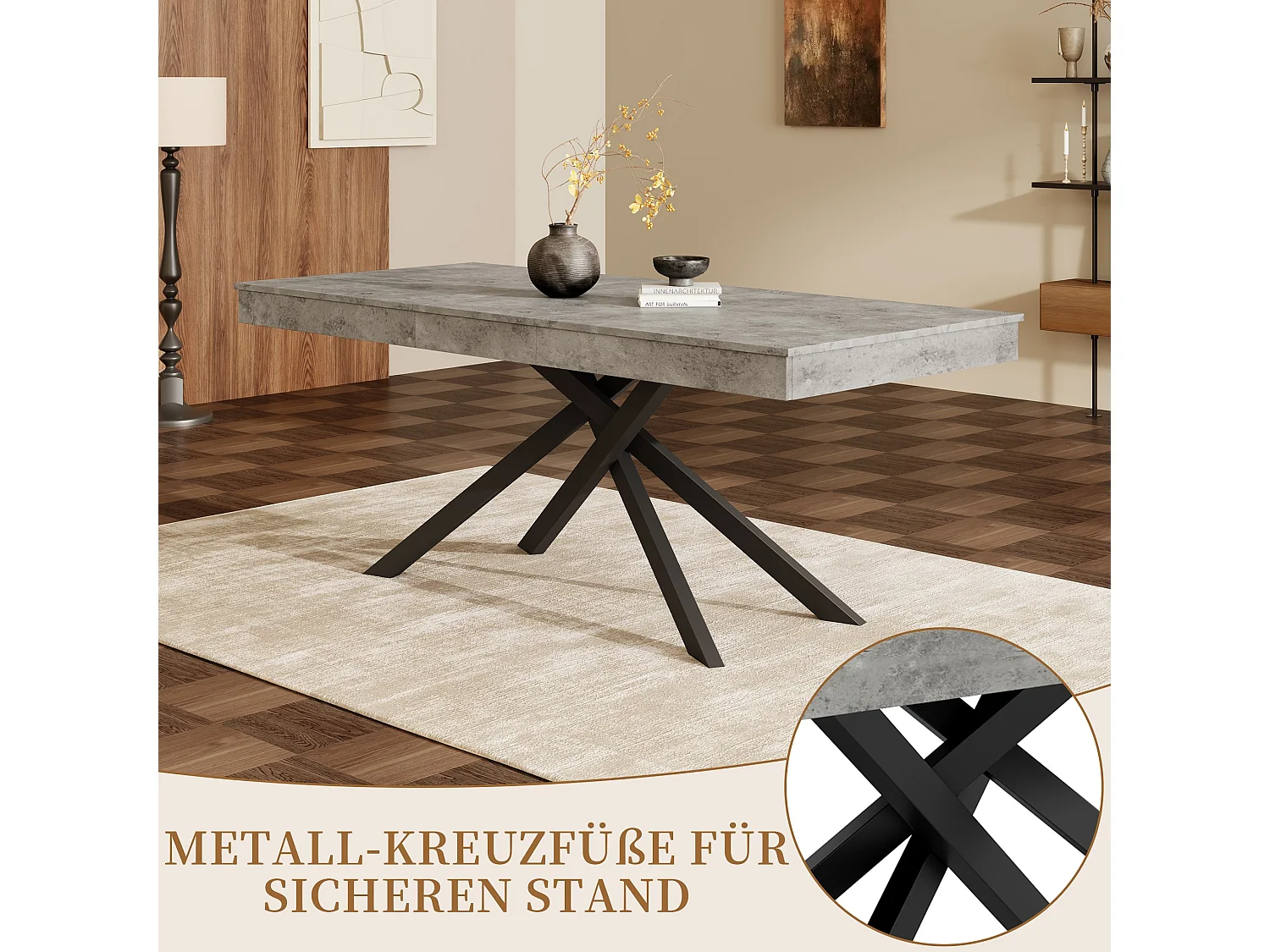 Table a manger extensible 140 a 180 cm avec rangement et pieds metal pour 6 a 8 personnes