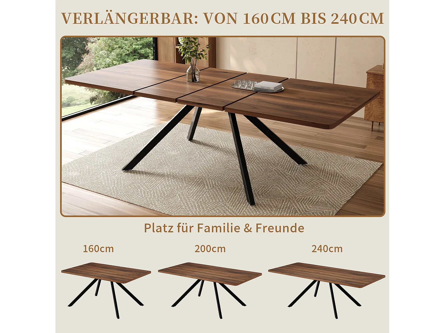 Table a manger extensible 160 a 240 cm avec pieds metal pour 6 a 10 personnes