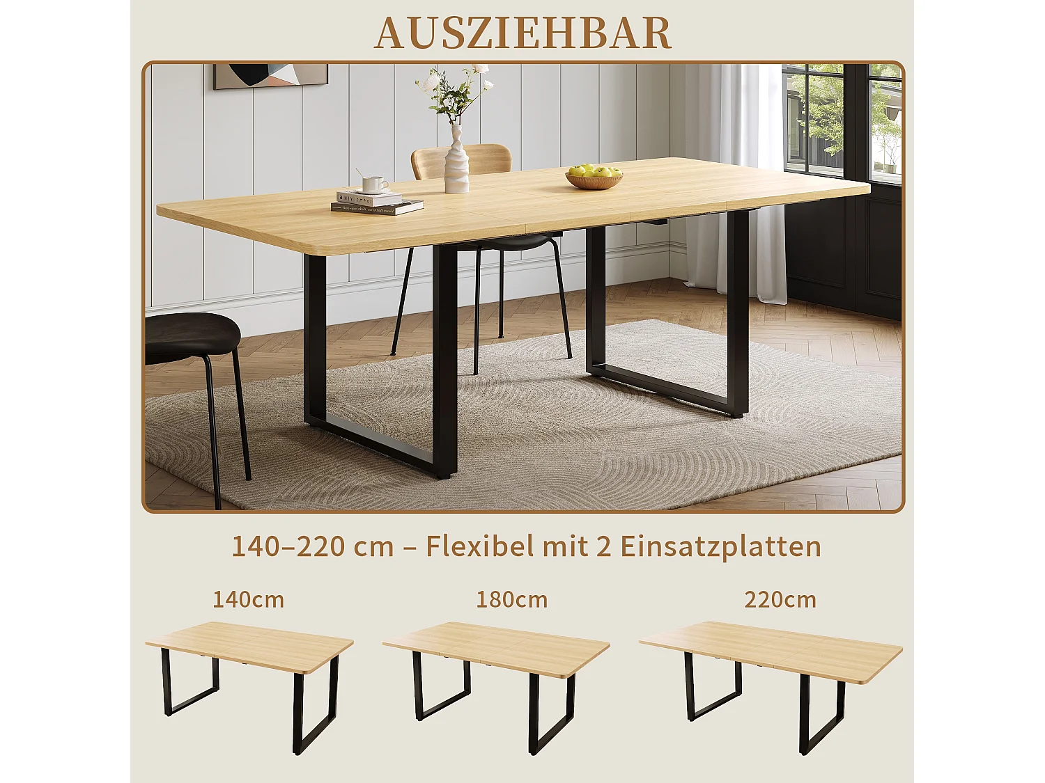 Table a manger extensible 140 a 220 cm avec pieds metal pour 6 a 10 personnes