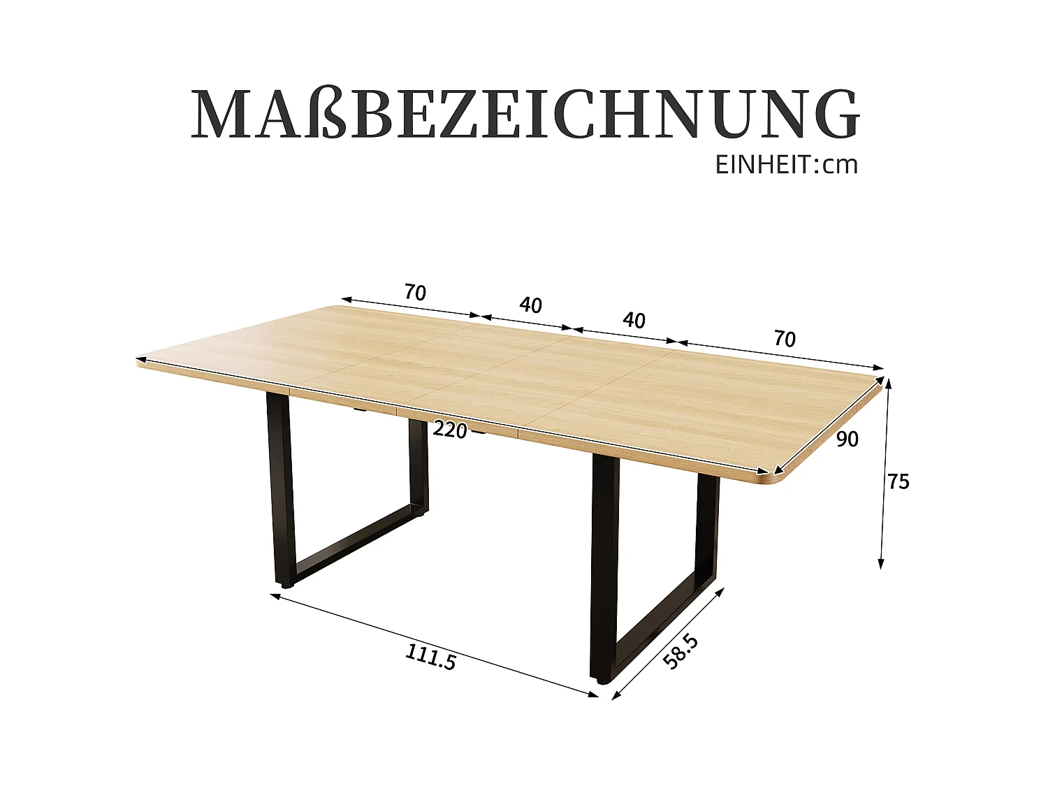 Table a manger extensible 140 a 220 cm avec pieds metal pour 6 a 10 personnes