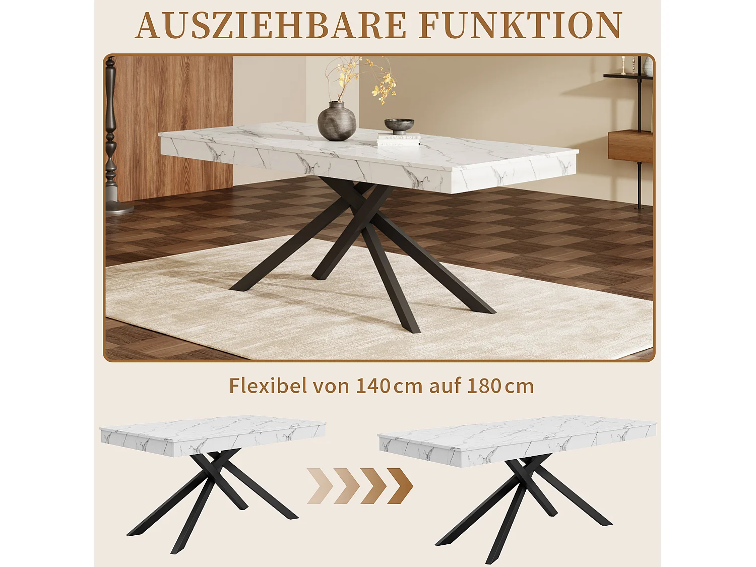 Mesa de comedor extensible 140 a 180 cm con almacenaje y patas metalicas para 6 a 8 personas