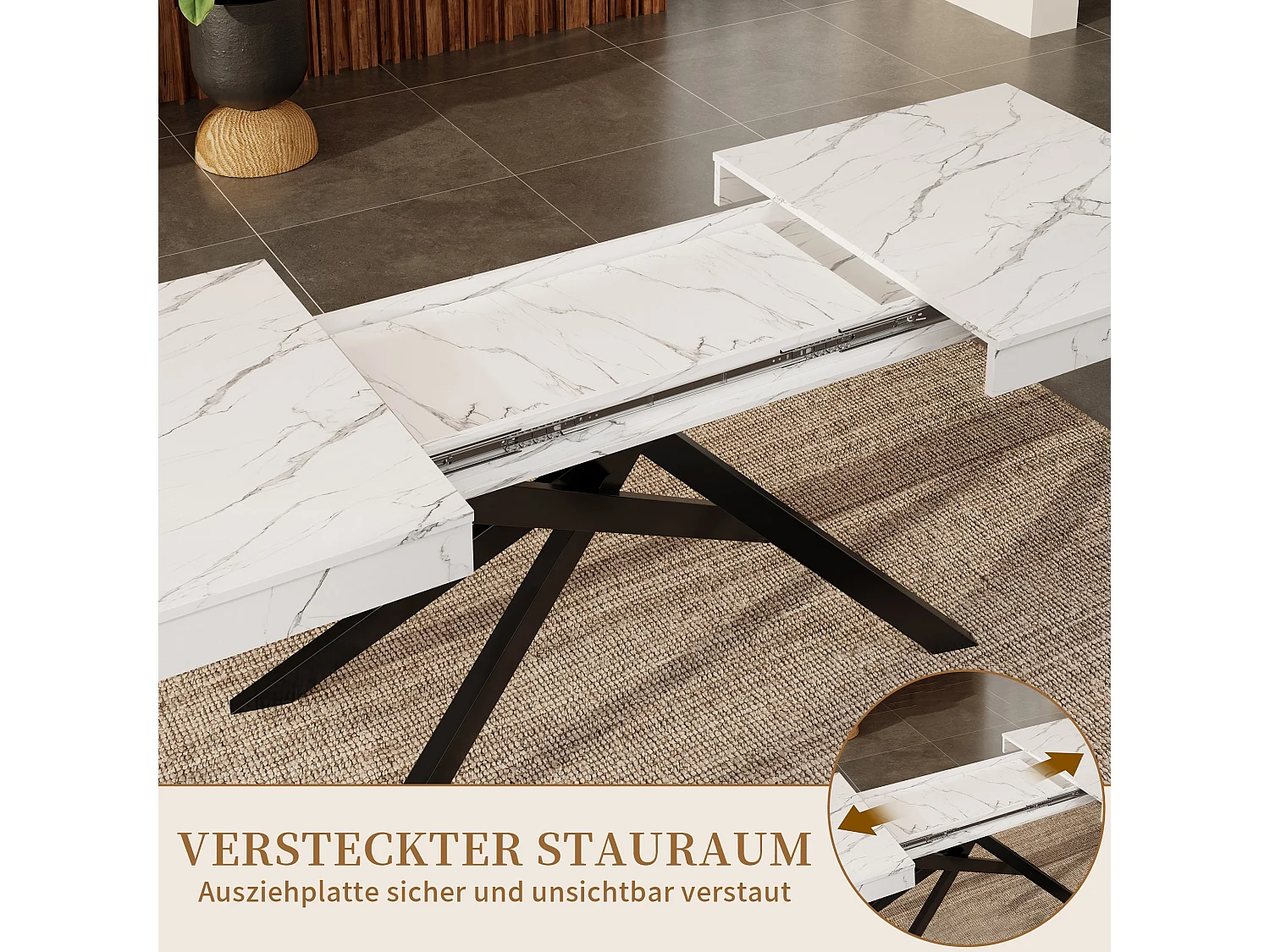 Mesa de comedor extensible 140 a 180 cm con almacenaje y patas metalicas para 6 a 8 personas