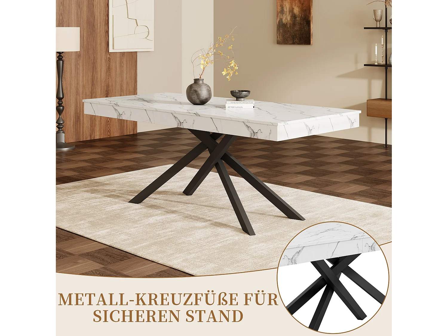 Mesa de comedor extensible 140 a 180 cm con almacenaje y patas metalicas para 6 a 8 personas