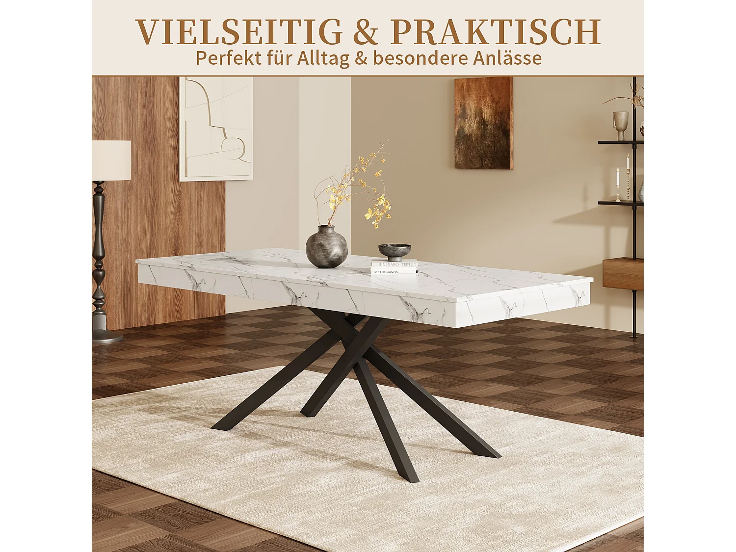 Mesa de comedor extensible 140 a 180 cm con almacenaje y patas metalicas para 6 a 8 personas