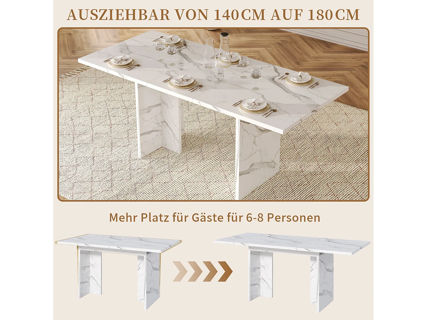 Uitschuifbare eettafel 140 tot 180 cm met verborgen opbergruimte voor 6 tot 8 personen