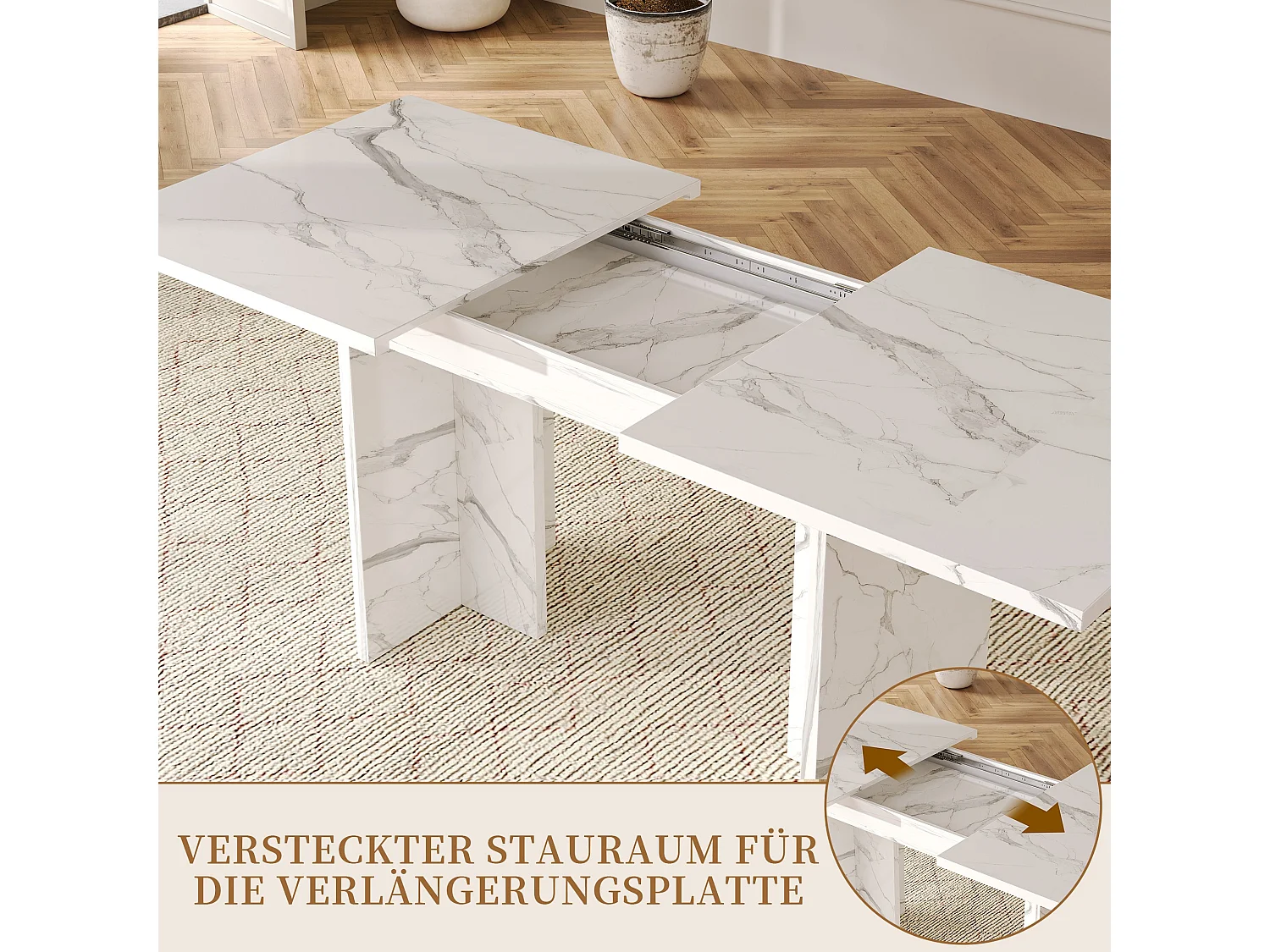 Uitschuifbare eettafel 140 tot 180 cm met verborgen opbergruimte voor 6 tot 8 personen