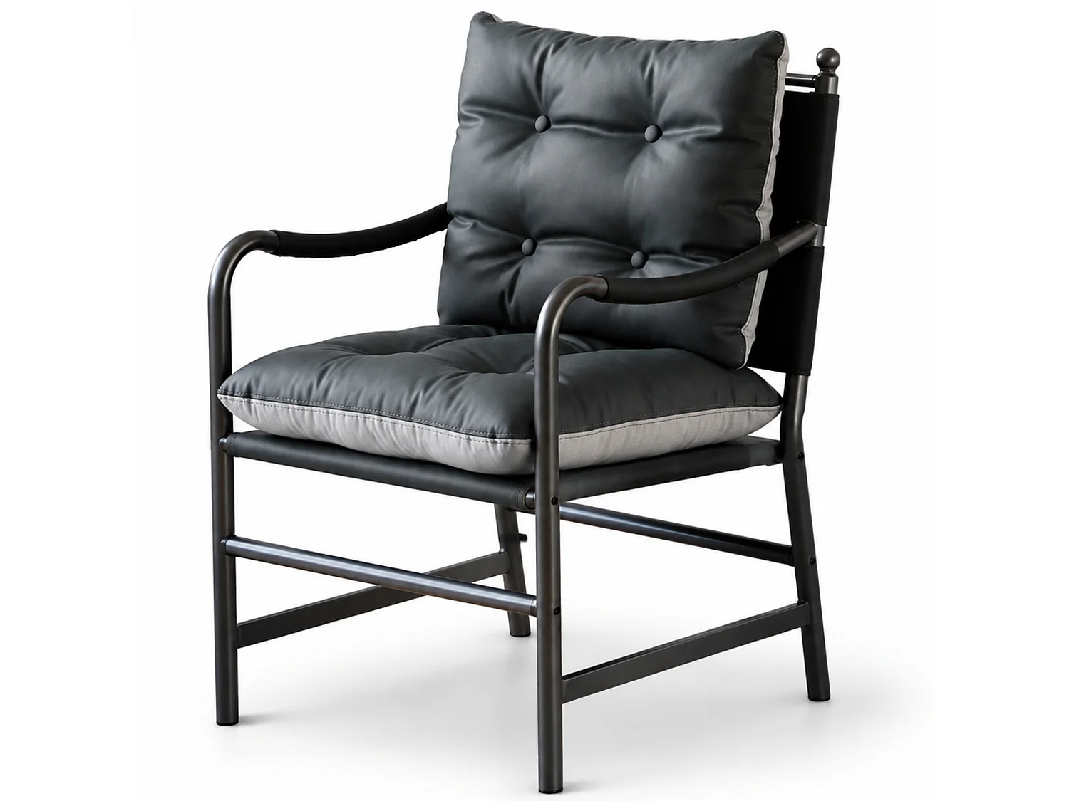 Vintage loungestoel met PU leereffect, knoopstiksels, armleuningen en metalen frame