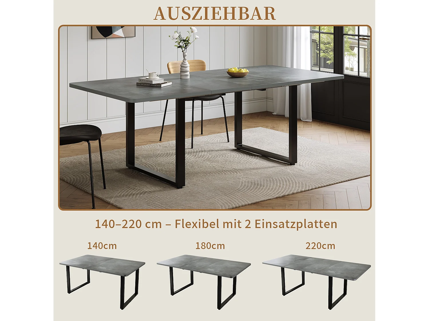 Mesa de comedor extensible 140 a 220 cm con patas metalicas para 6 a 10 personas