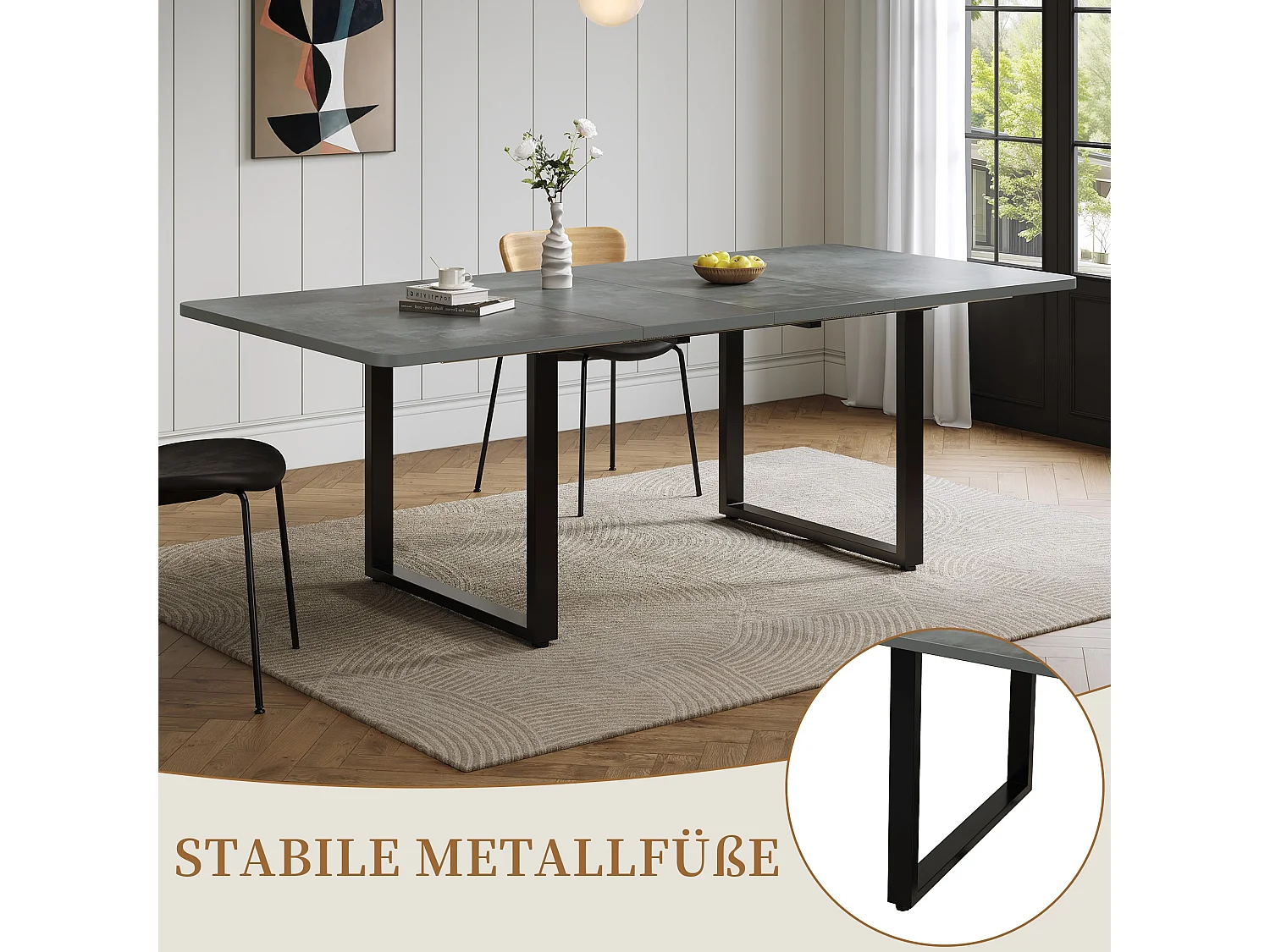 Mesa de comedor extensible 140 a 220 cm con patas metalicas para 6 a 10 personas