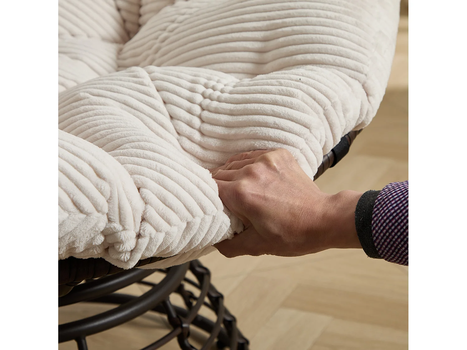 Fauteuil pivotant Papasan avec assise ronde de 92 cm, coussin épais et structure acier