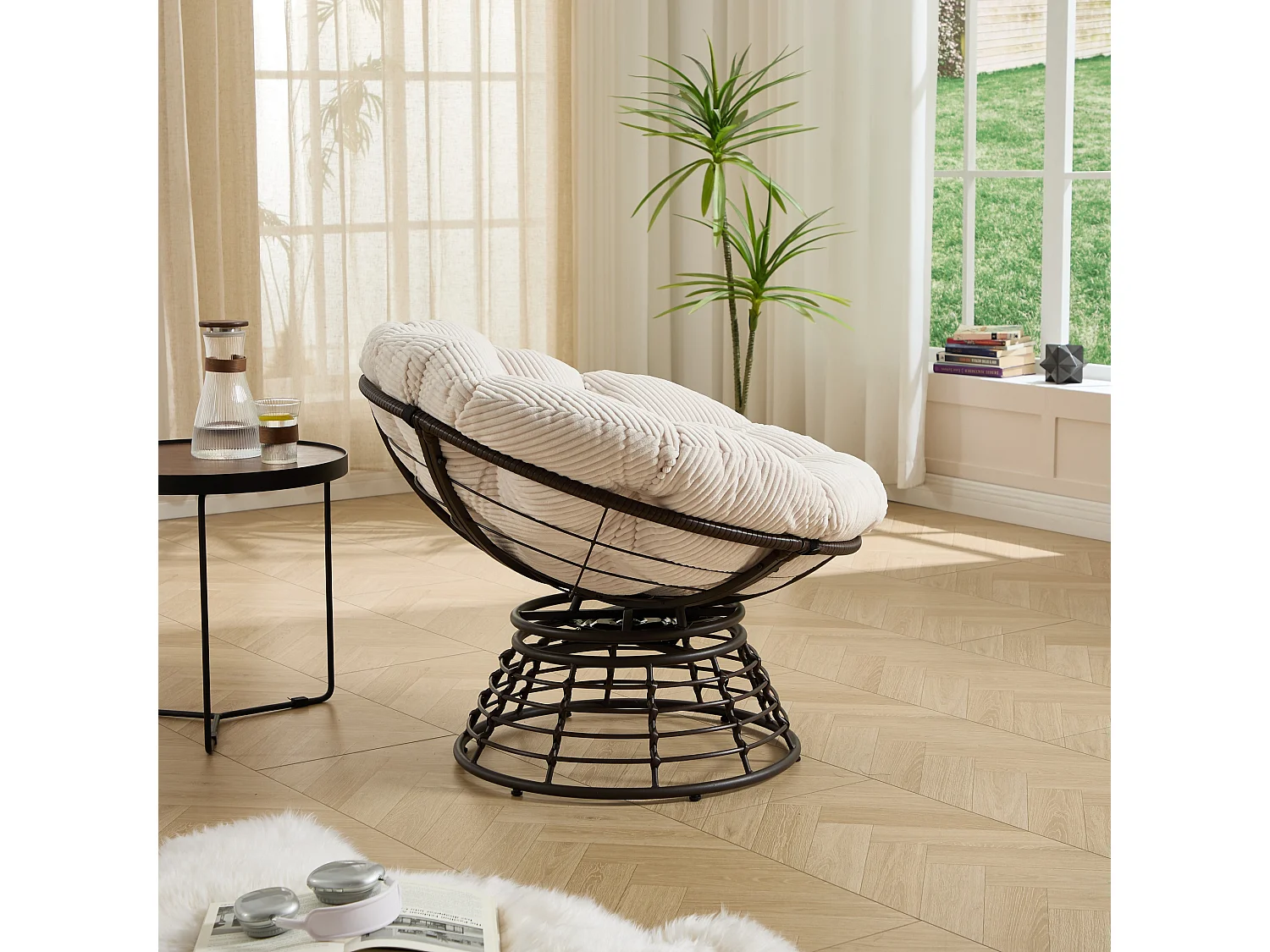 Fauteuil pivotant Papasan avec assise ronde de 92 cm, coussin épais et structure acier