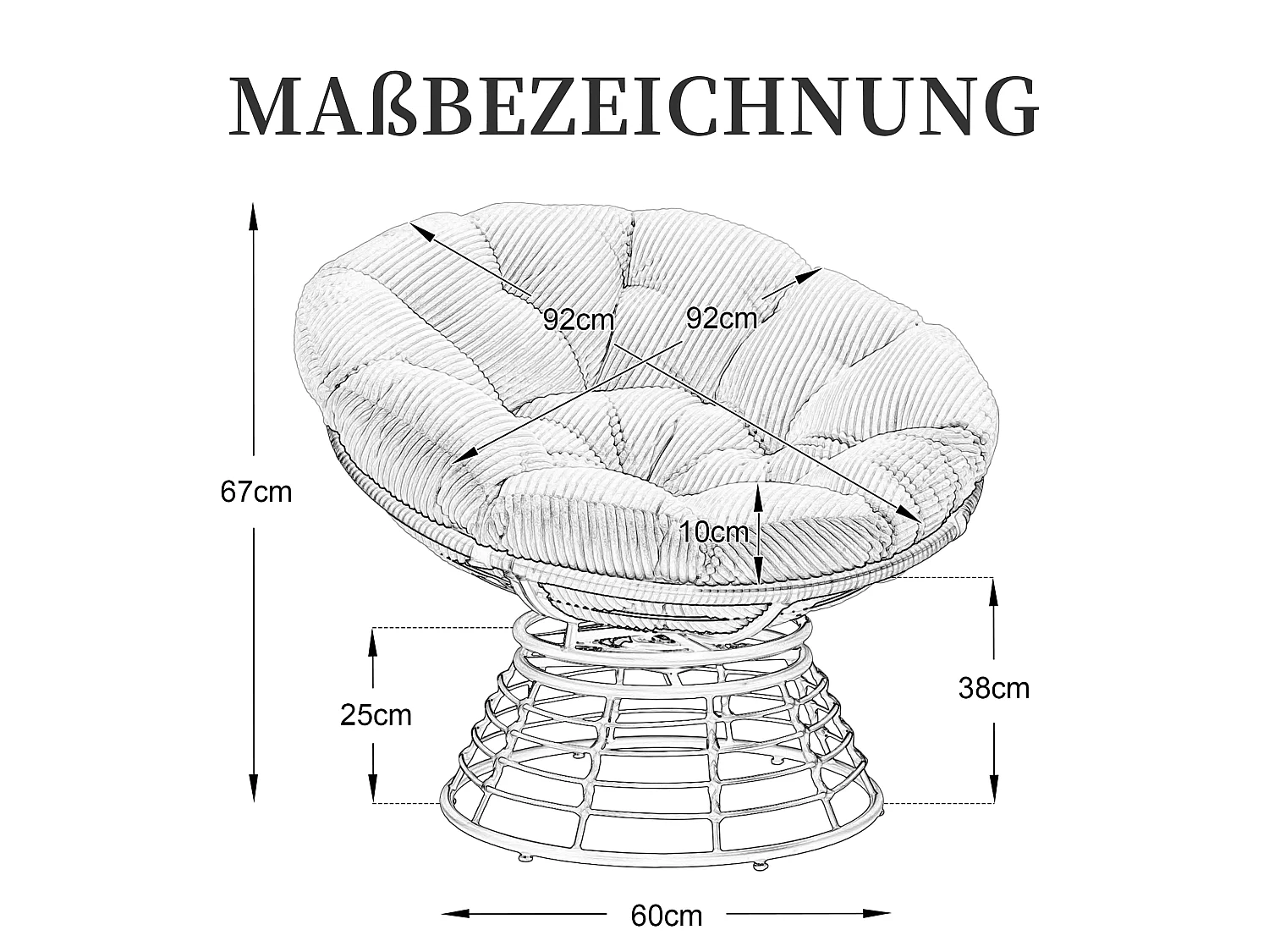 Fauteuil pivotant Papasan avec assise ronde de 92 cm, coussin épais et structure acier