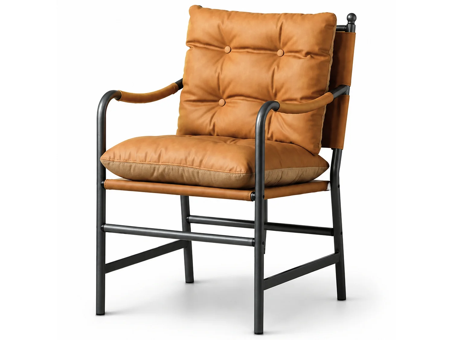 Vintage loungestoel met PU leereffect, knoopstiksels, armleuningen en metalen frame