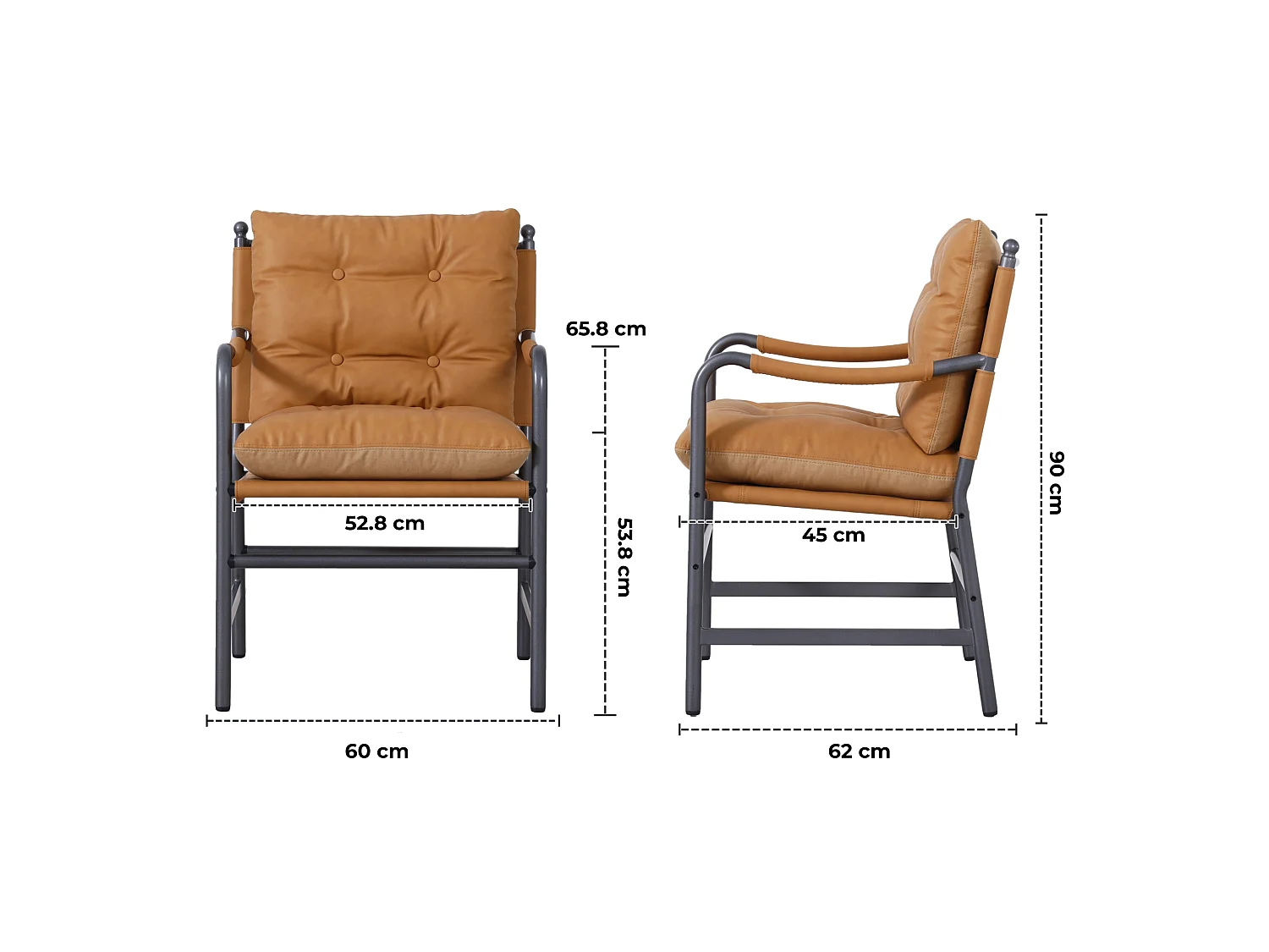 Vintage loungestoel met PU leereffect, knoopstiksels, armleuningen en metalen frame