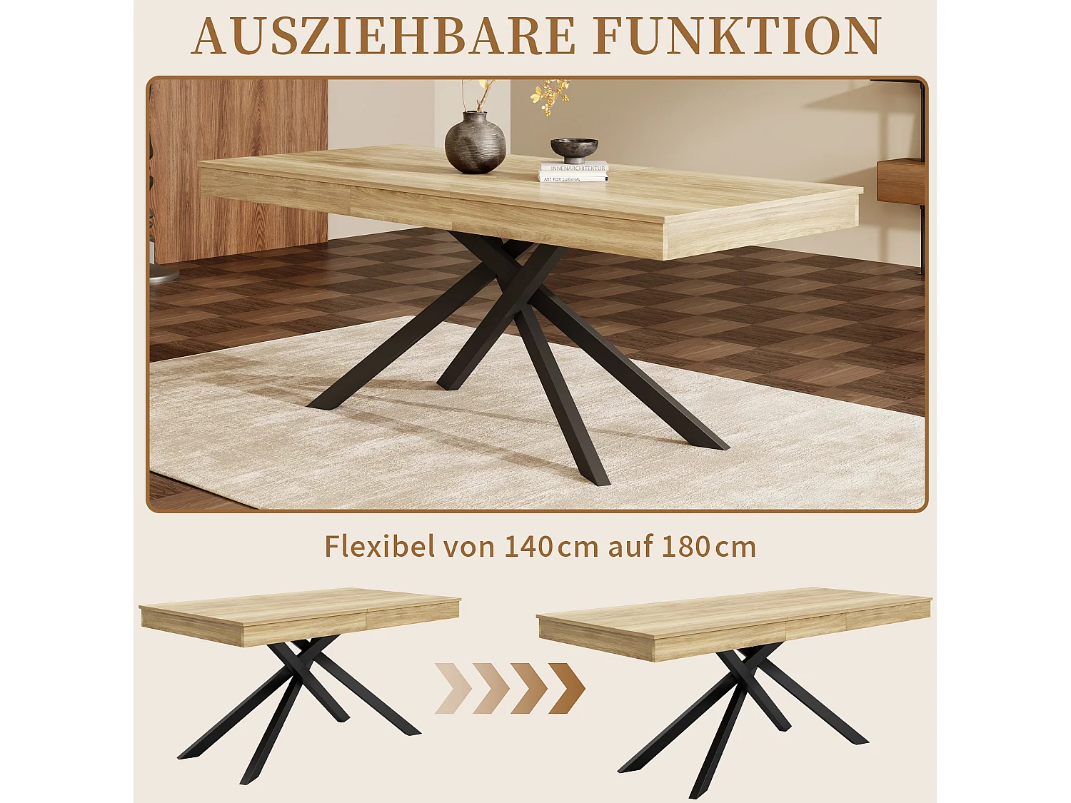 Mesa de comedor extensible 140 a 180 cm con almacenaje y patas metalicas para 6 a 8 personas