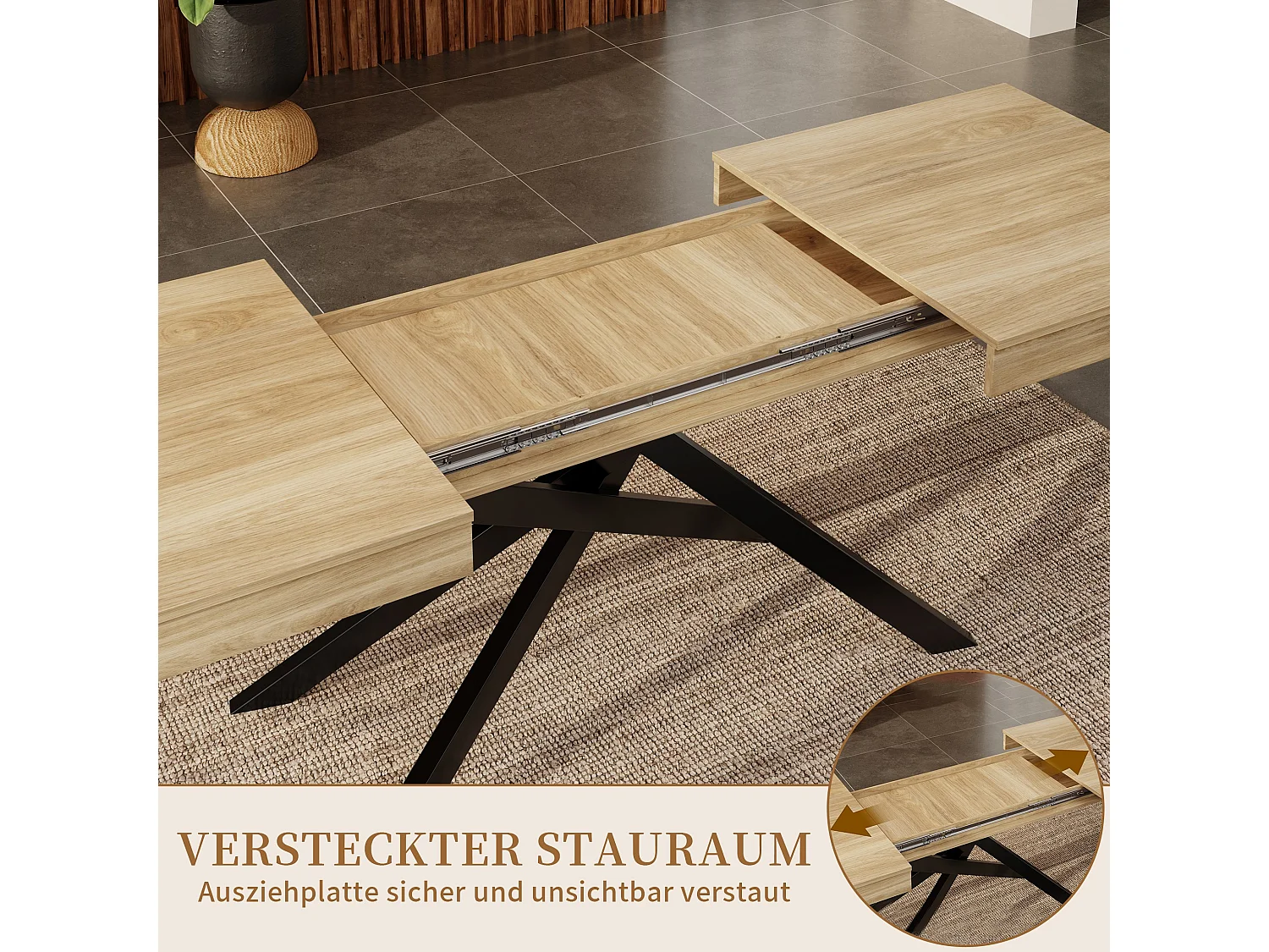 Mesa de comedor extensible 140 a 180 cm con almacenaje y patas metalicas para 6 a 8 personas