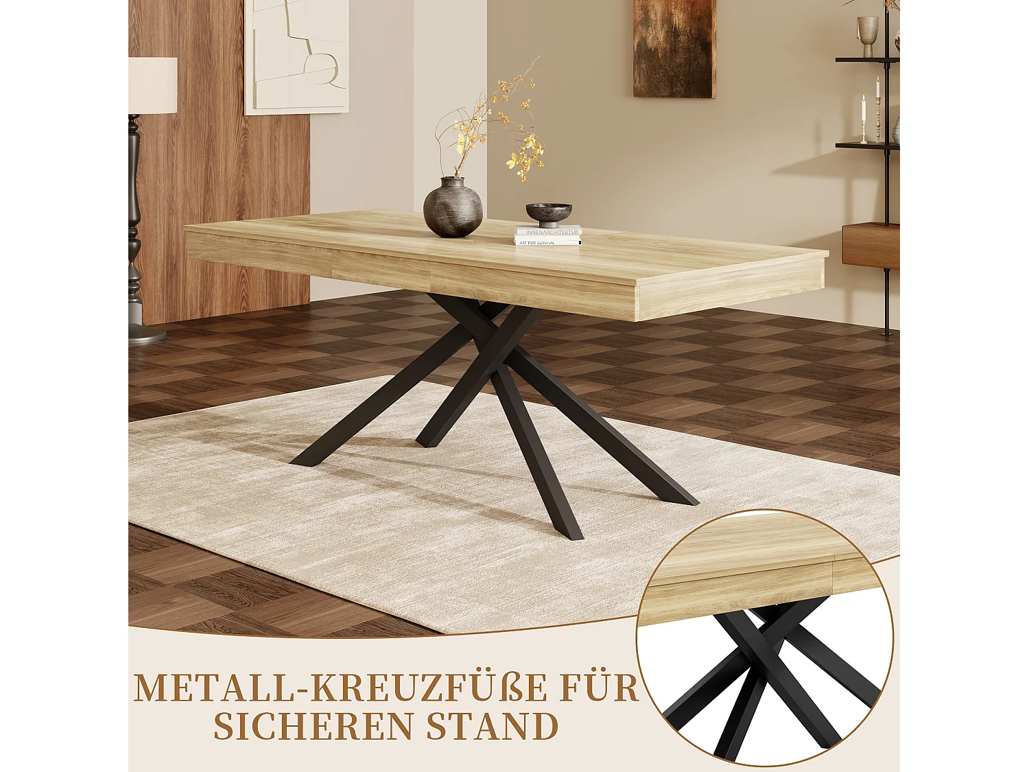 Mesa de comedor extensible 140 a 180 cm con almacenaje y patas metalicas para 6 a 8 personas