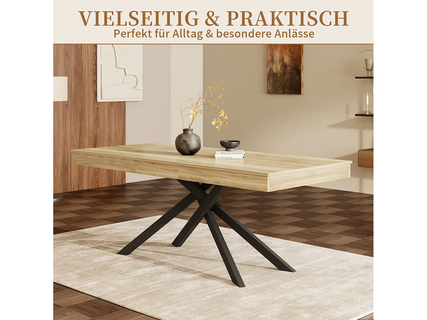 Mesa de comedor extensible 140 a 180 cm con almacenaje y patas metalicas para 6 a 8 personas
