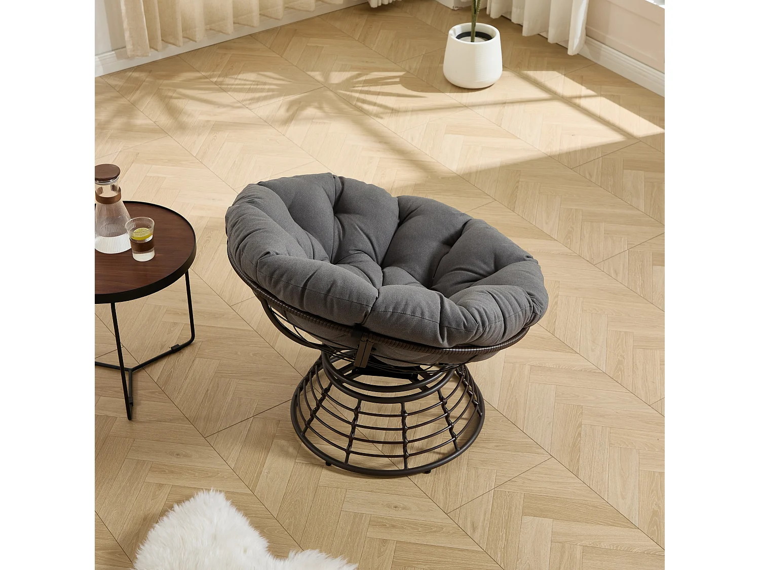 Sillón giratorio Papasan con asiento redondo de 92 cm, cojín grueso y estructura de acero