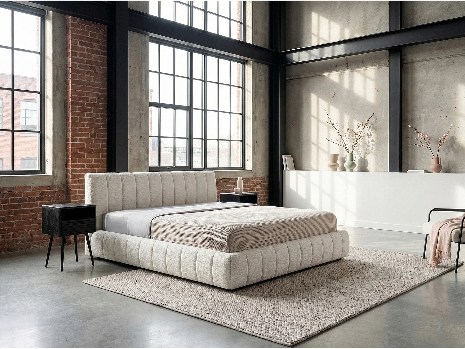 Cama tapizada - blanco crema Bouclé - ALIOTTA