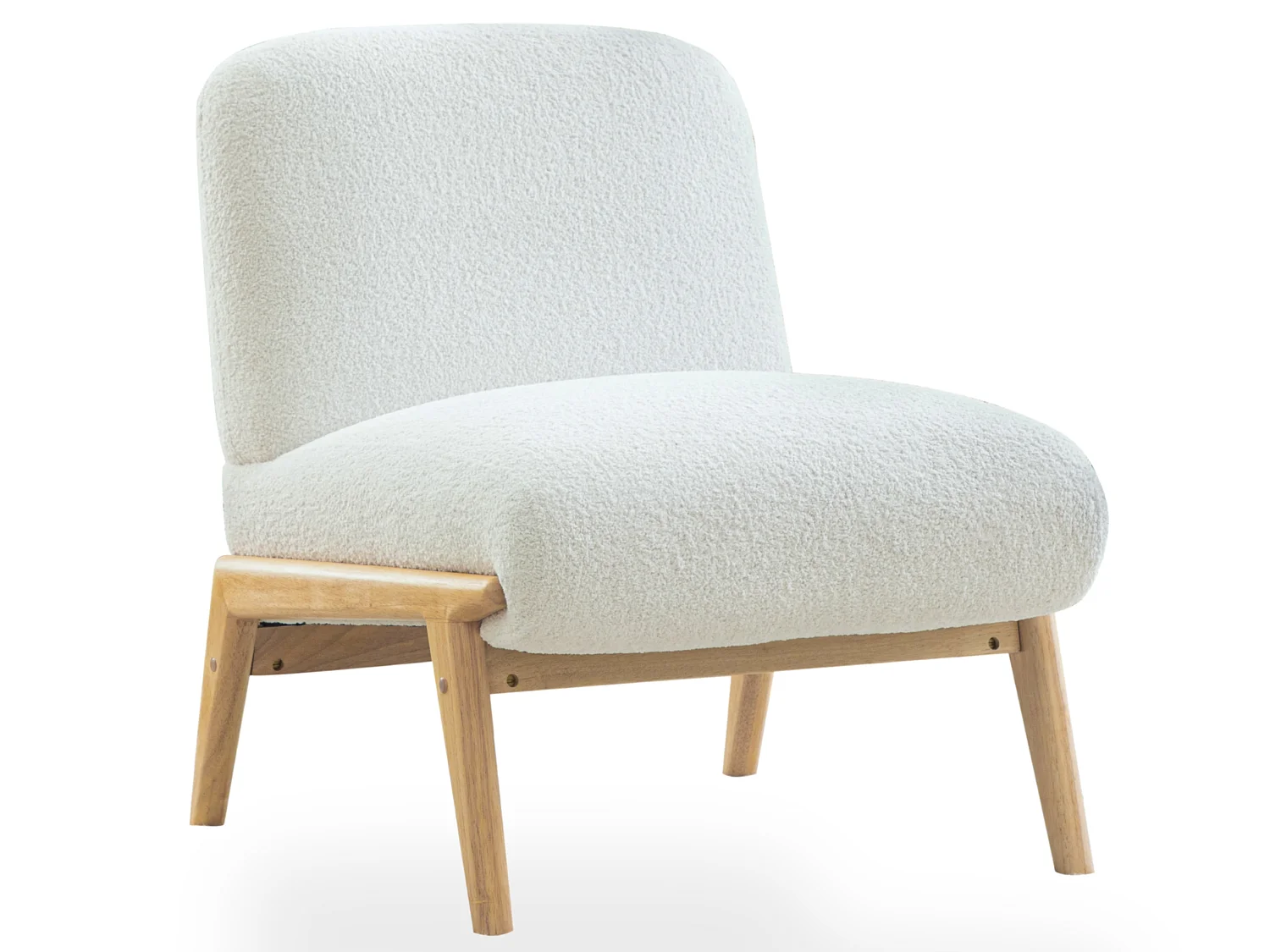 Fauteuil lounge scandinave en chenille avec assise large et pieds en bois