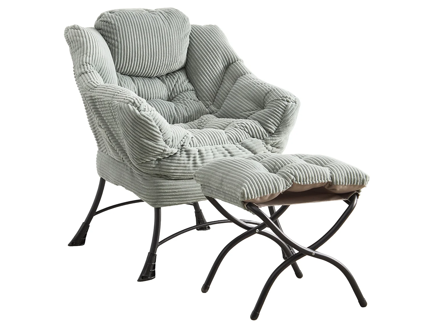 Fauteuil lounge en flanelle avec repose pieds, poche latérale et structure acier noire