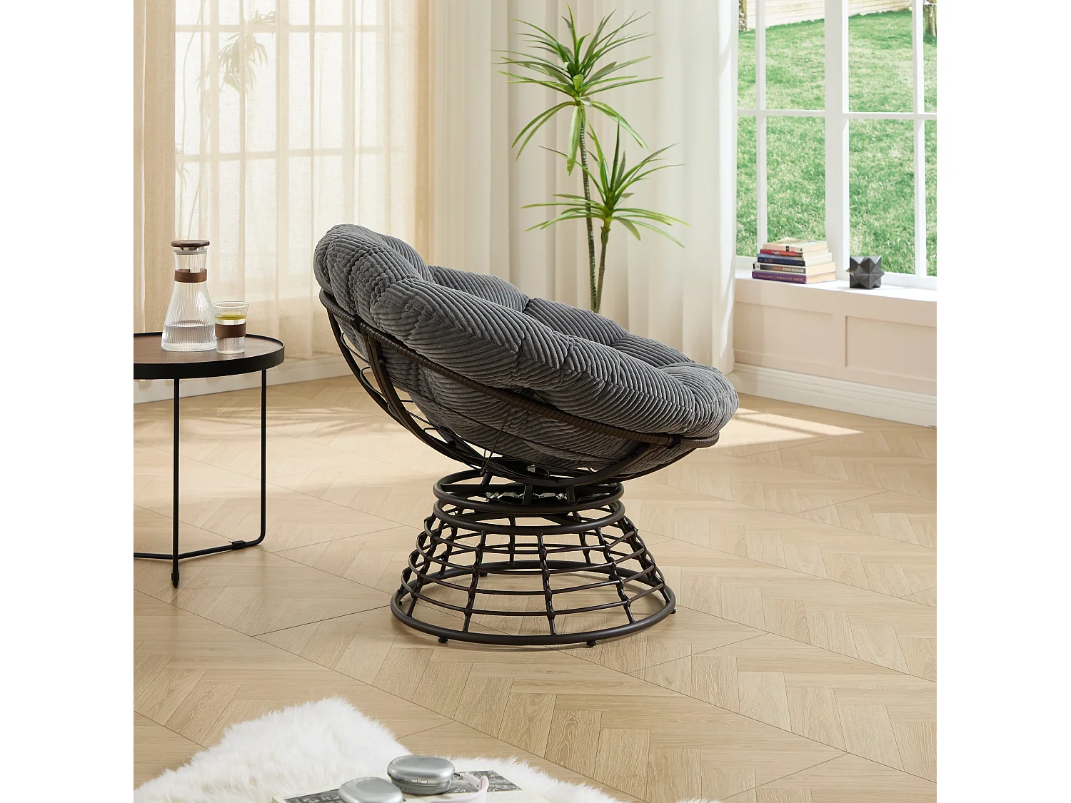 Fauteuil pivotant Papasan avec assise ronde de 92 cm, coussin épais et structure acier