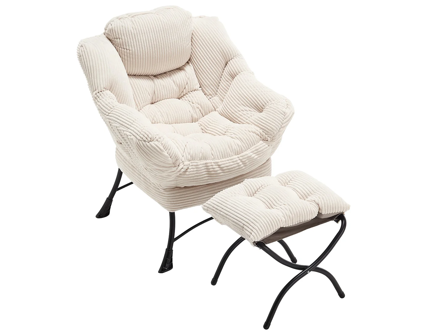 Fauteuil lounge en flanelle avec repose pieds, poche latérale et structure acier noire