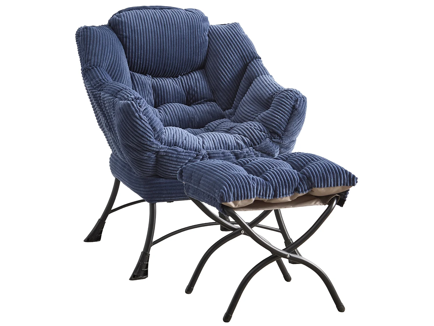 Sillón lounge de franela con reposapiés, bolsillo lateral y estructura de acero negra