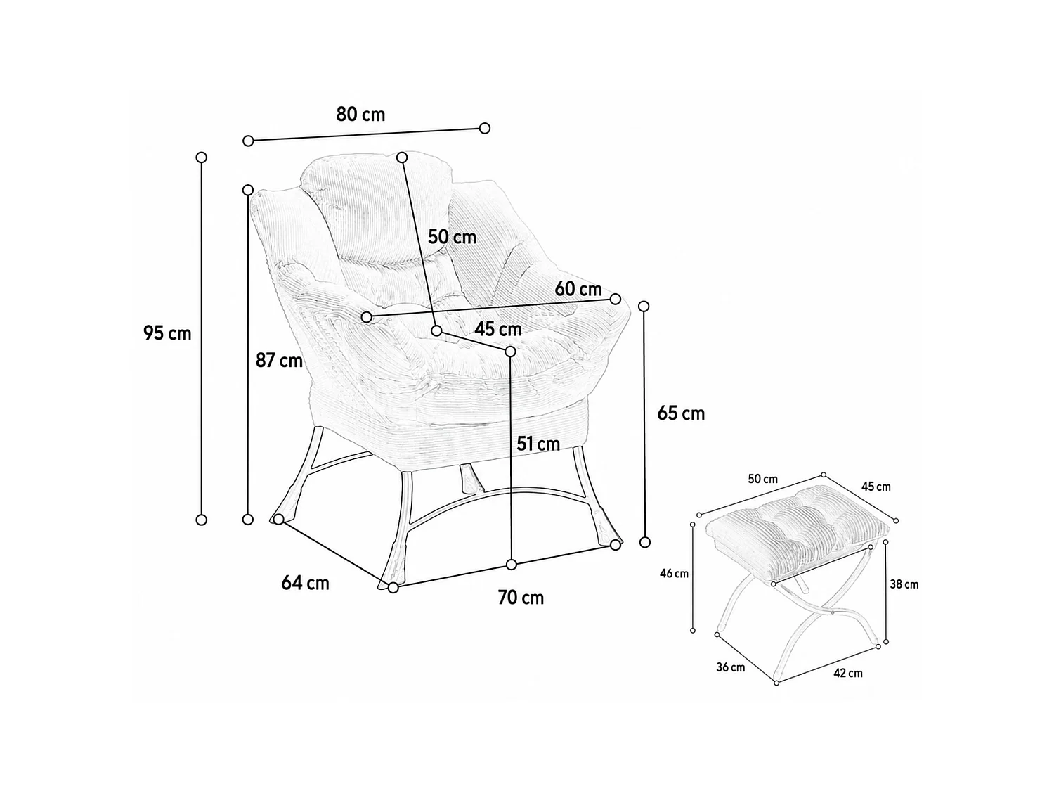 Sillón lounge de franela con reposapiés, bolsillo lateral y estructura de acero negra