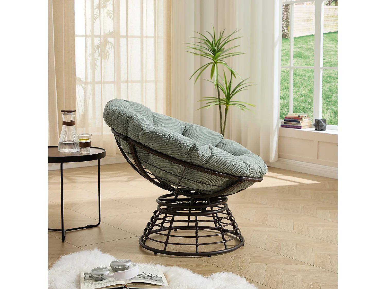 Fauteuil pivotant Papasan avec assise ronde de 92 cm, coussin épais et structure acier