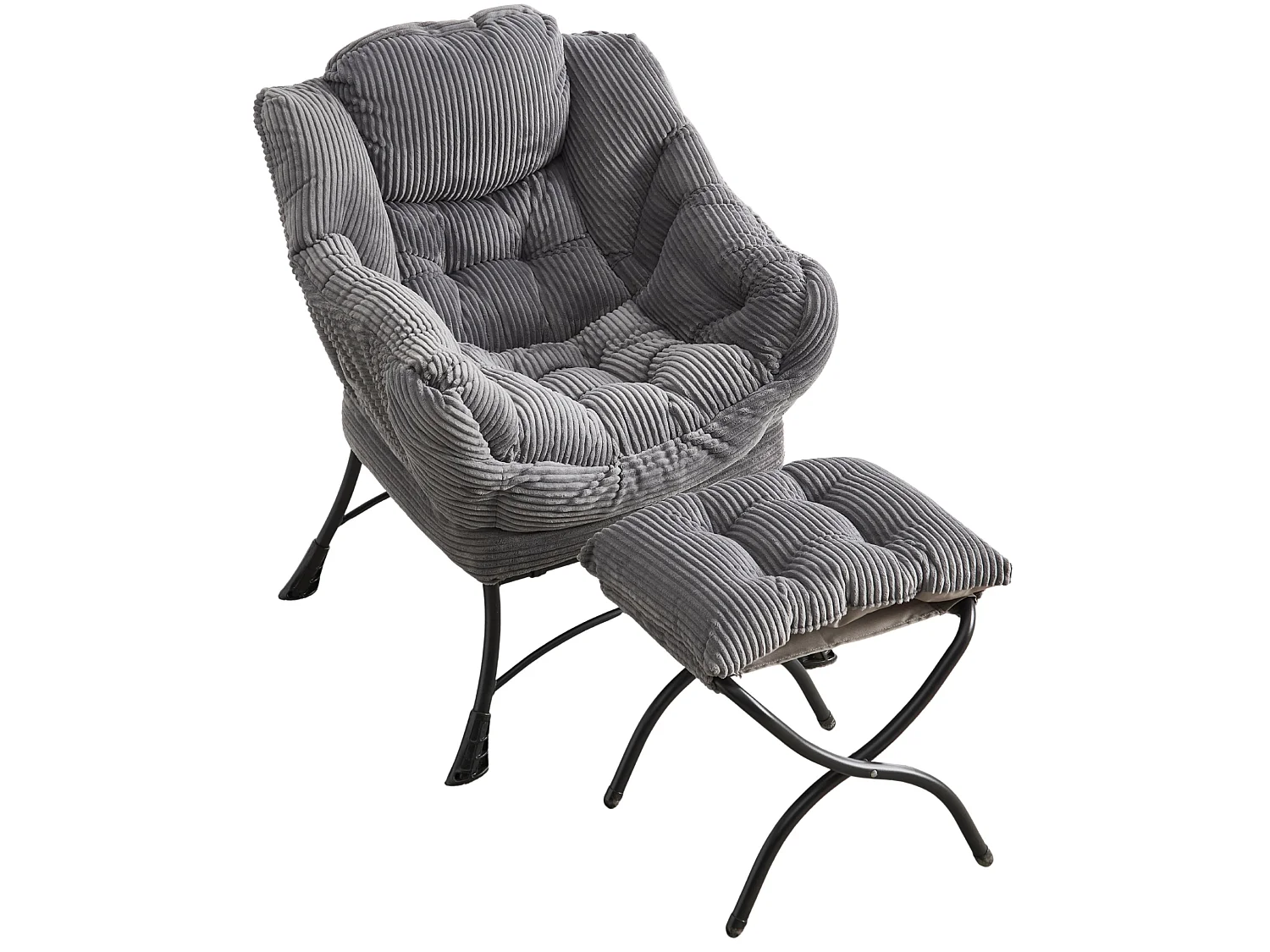 Fauteuil lounge en flanelle avec repose pieds, poche latérale et structure acier noire