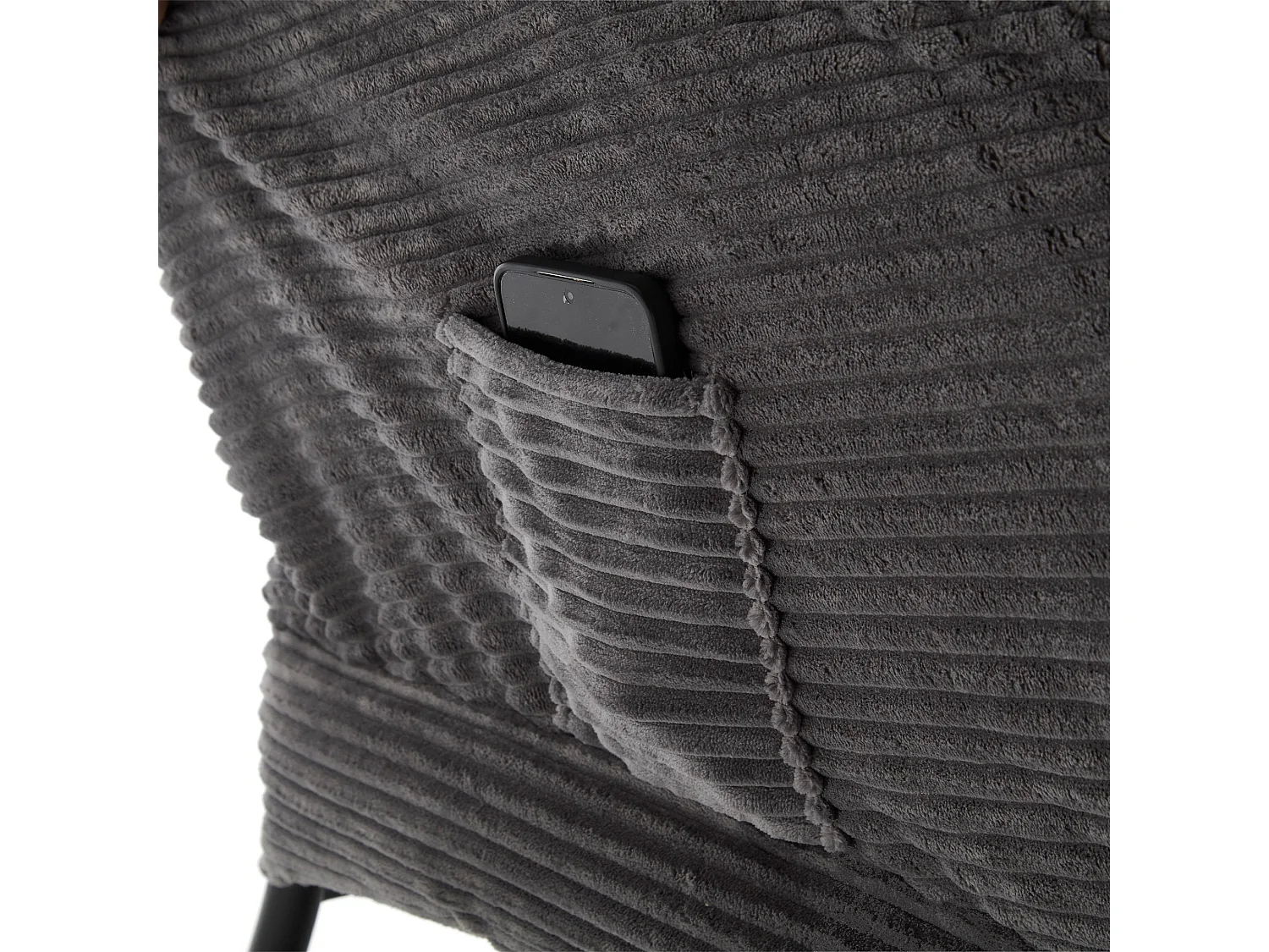 Fauteuil lounge en flanelle avec repose pieds, poche latérale et structure acier noire